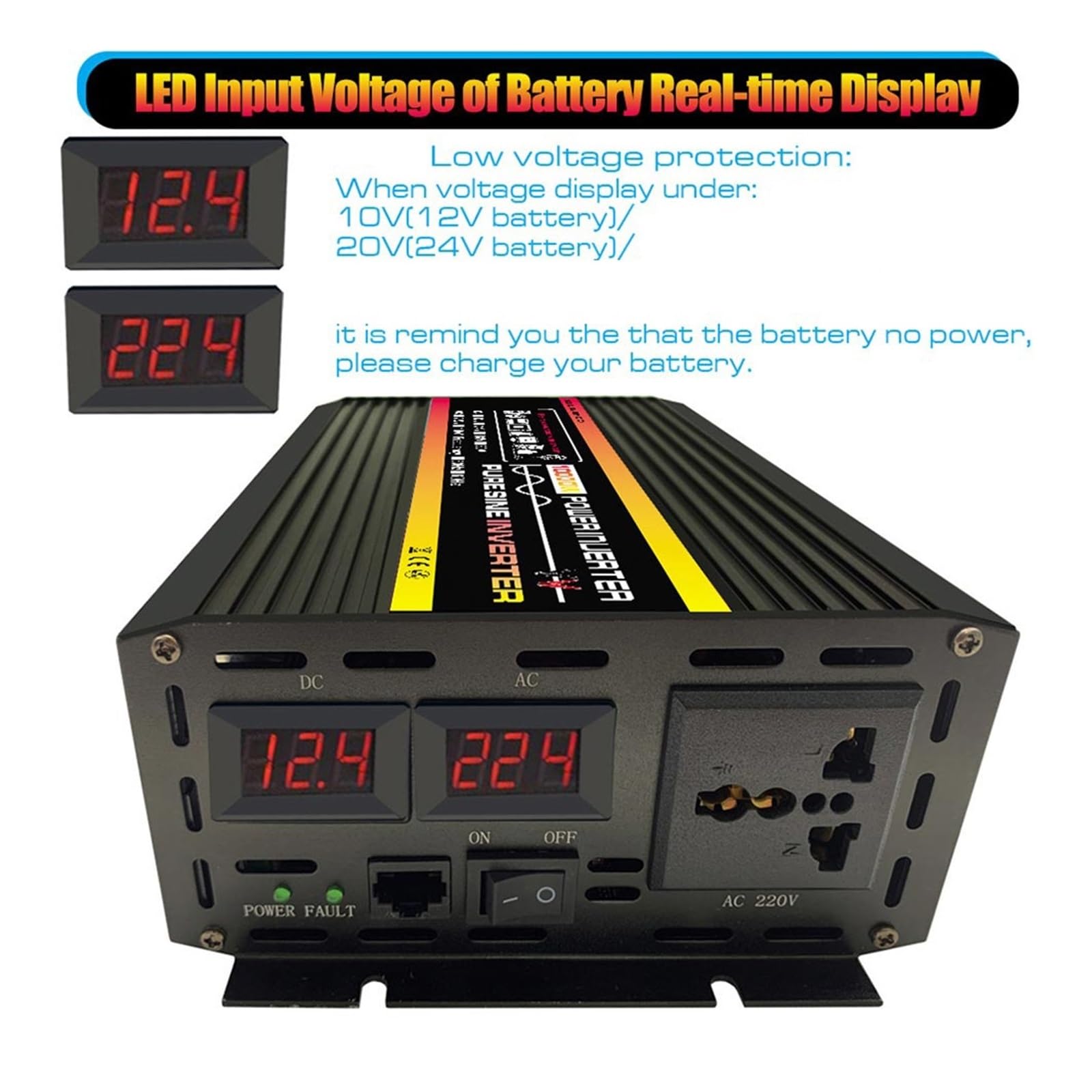 Inverter A Onda Sinusoidale Pura da 10000 W / 20000 W Convertitore da 12 V CC A CA Trasformatore di Tensione Inverter Solare for Auto con Doppia Presa(15000W-12V)