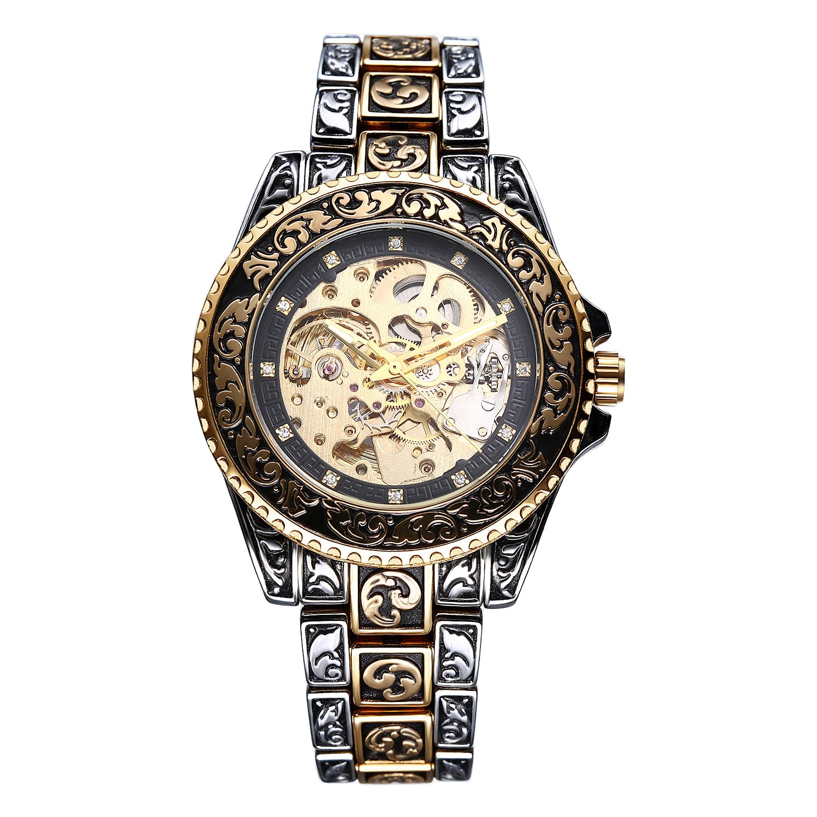 JewelryWe Zegarek męski w stylu vintage, szkielet, zegarek automatyczny: antyczny złoty, 36 godzin rezerwy biegów, automatyczny, mechaniczny zegarek na rękę, stal nierdzewna, automatyczny zegarek ze