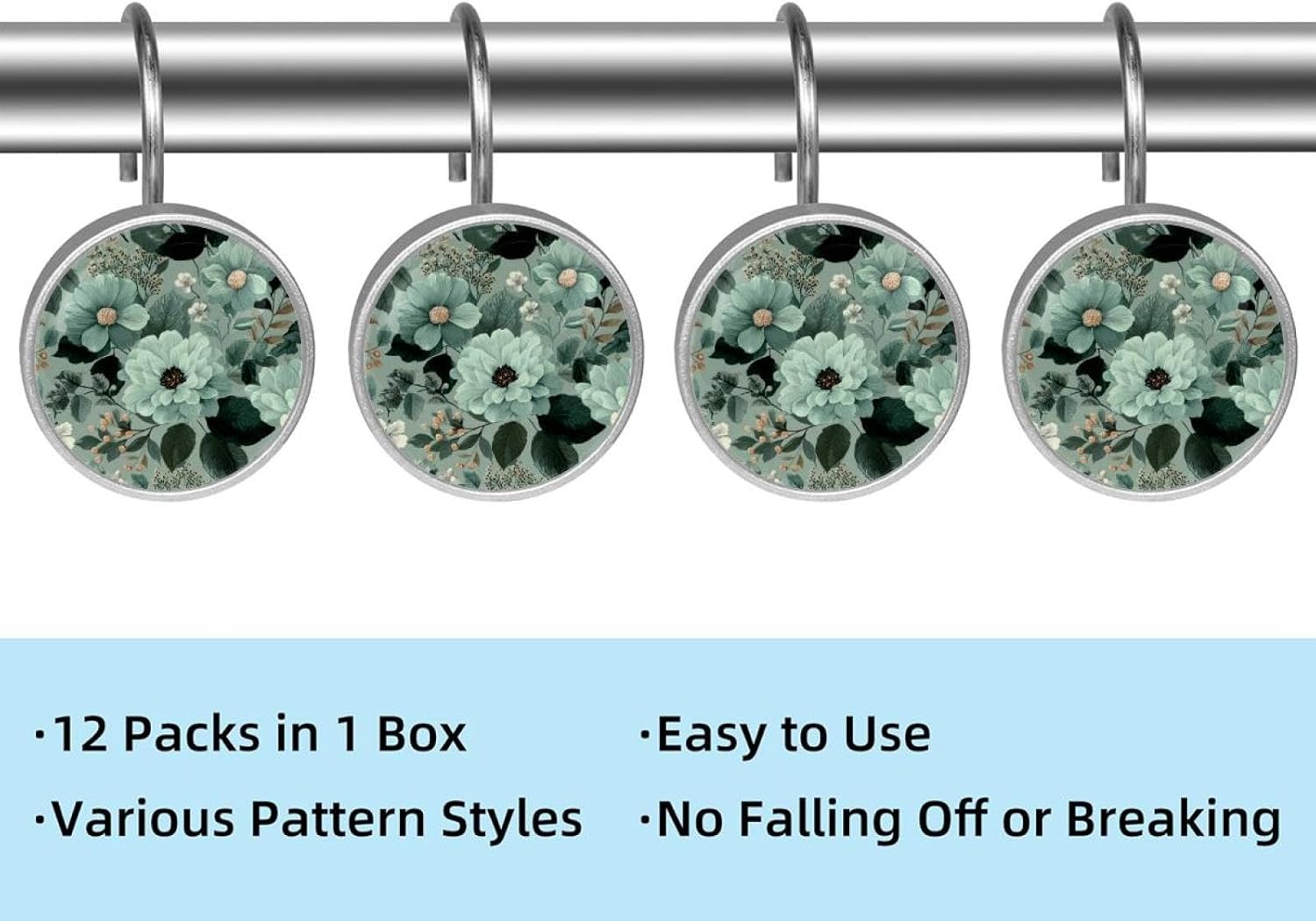 12 Pack Sage Green Flowers and Leaves (1) Shower Curtain Hooks, Stainless Steel Decorative Shower Curtain Rings for Bathroom, Rust Proof Shower Curtain Hangers for Curtains Rods