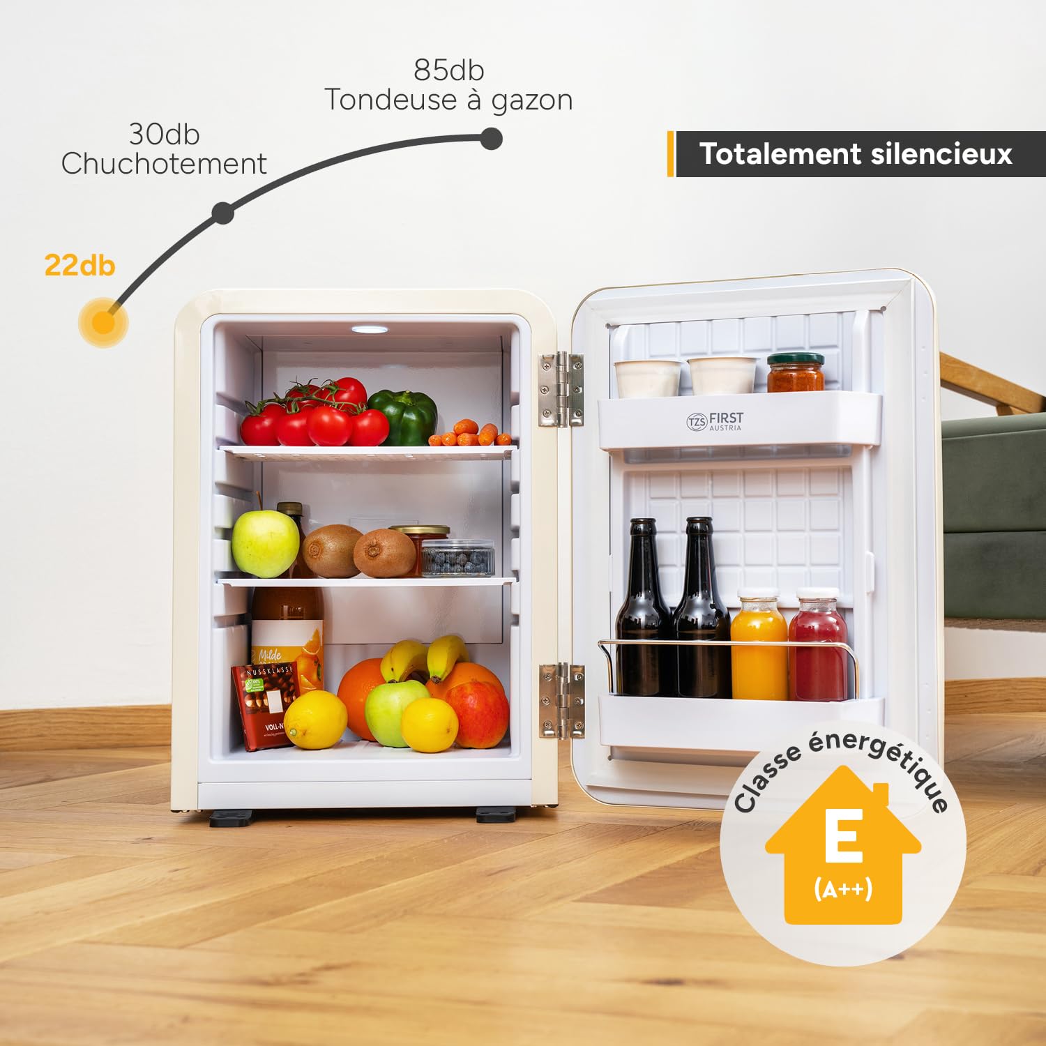 TZS First Austria Mini Réfrigérateur Rétro 40L silencieux - Petit Minifrigo design vintage - Crème