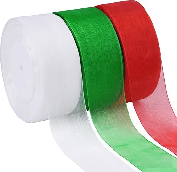 3 Rolls Sheer Chiffon Ribbons 1.5 Inches x 49 Yards/Each Roll for Christmas Gift Wrapping Home Decorations Red, White, Dark Green