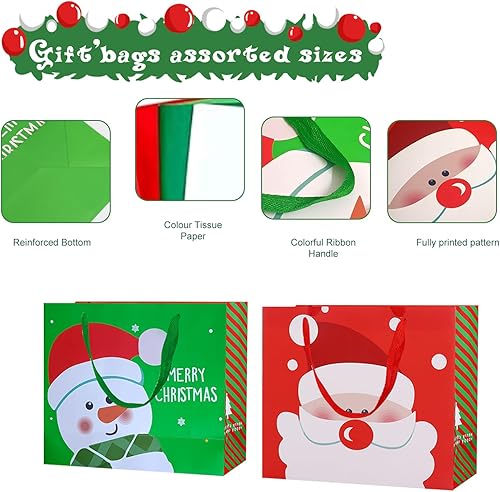 Miniatura 5 de 12 bolsas de regalo de Navidad de varios tamaños con papel de seda, bolsas de papel de Navidad a granel con tarjetas de Gretting, Jumbo, grande,