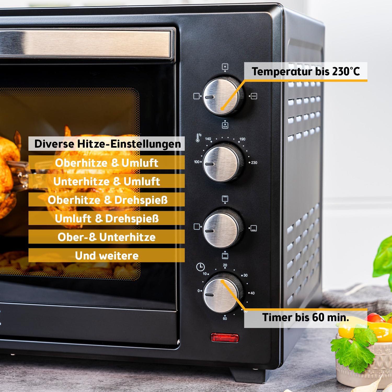 TZS First Austria - Minibackofen 60L 2000W - Mini Backofen Pizzaofen Temperaturregelung bis 230°C & 6 Modi - Geräumiger Miniofen mit 60 Min. Timer, 4 Einschubhöhen, Backblech, Grillrost & Drehspieß