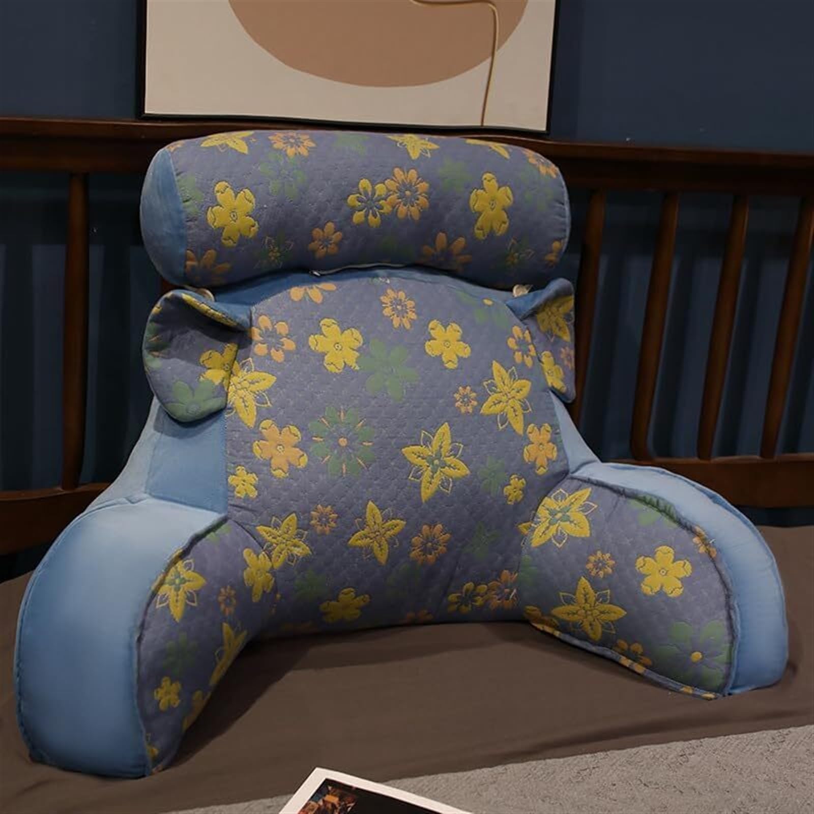 MYXJX back support cushion, Lumbar Support Cushion with Arm Floral Pattern Removable Back Waist Pillows(Blue,40 * 65cm)