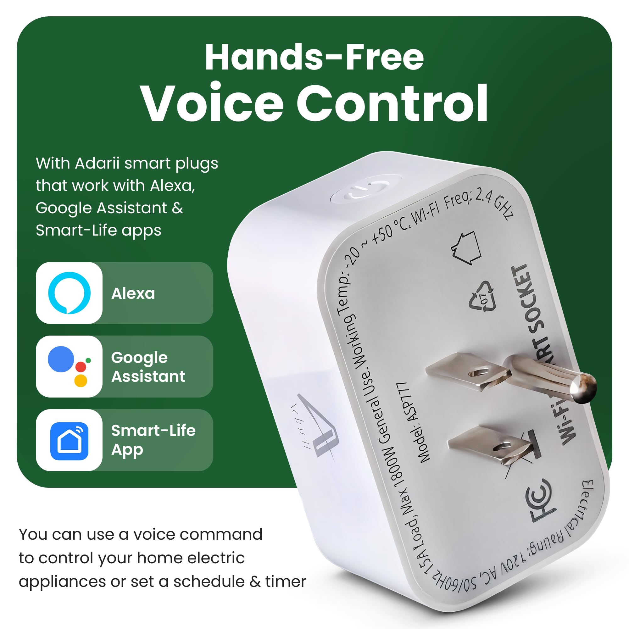 Adarii Smart Plug Google Home Compatible with Alexa 15A WiFi Plug 2 4GHz Smart Life Plug Voice Control — view 2