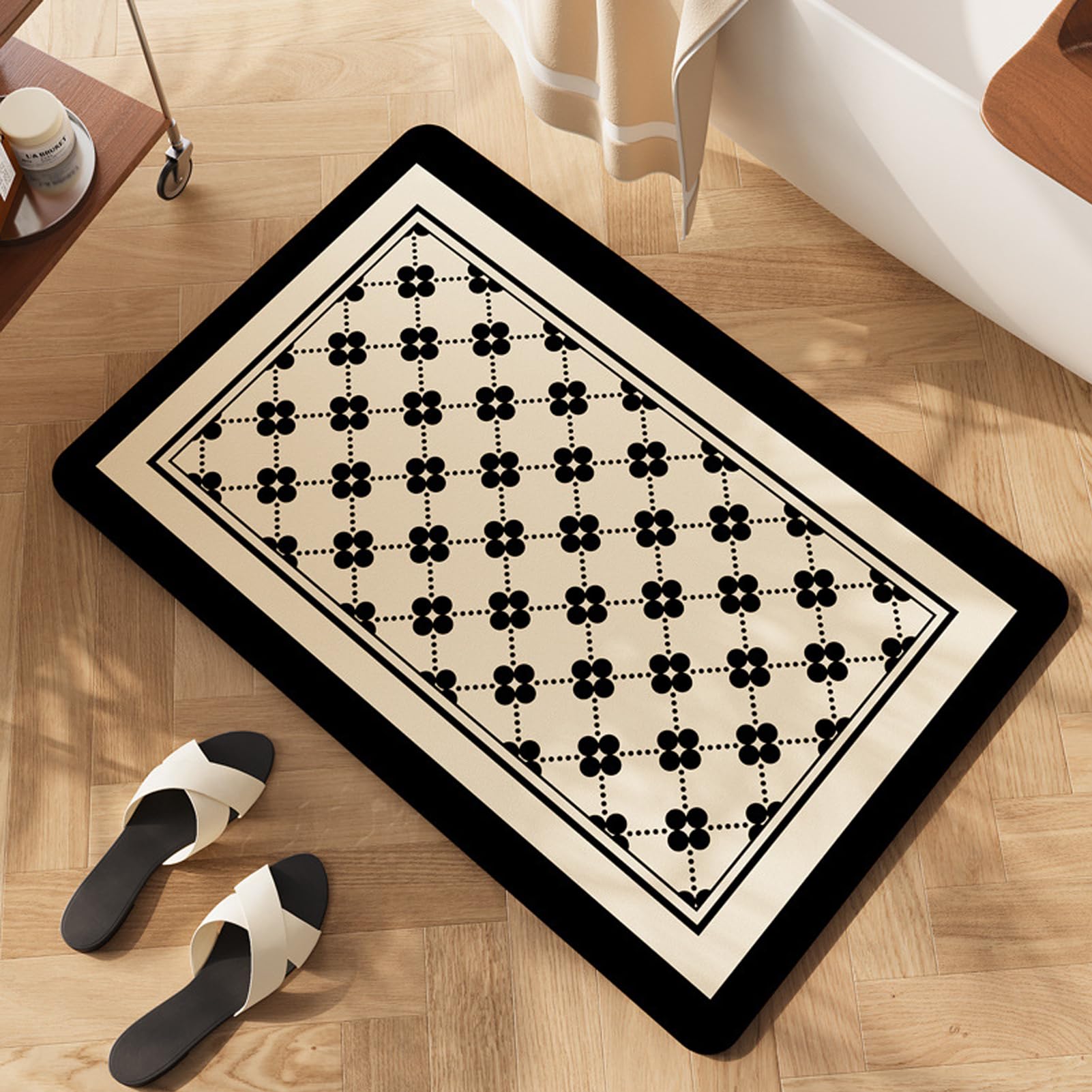 Quick Dry Non-Slip Bath Mat - Super Absorbent, Washable, Thin Bathroom Rug - Firmly Fits Tile Floors, Minimalist Style, Elegant Neutral Colors - Perfect for Bath, Shower, or Sink