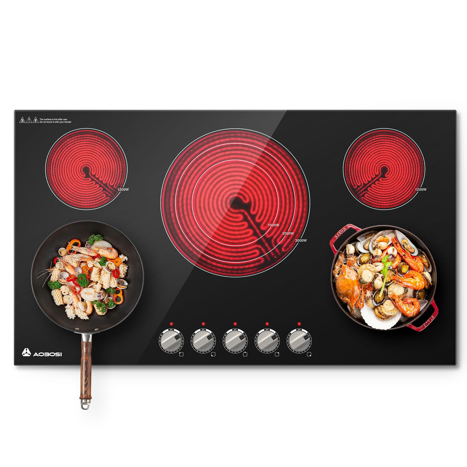 AAOBOSI 36 Inch Electric Cooktop 5 Burners, Upgraded 9000W Knob Control Built-in Ceramic Cooktop,Electric Stove Top,9 Heating Level, Chlid Lock Timer, ETC&amp;FCC 220V~240V for Hard Wire(No Plug)