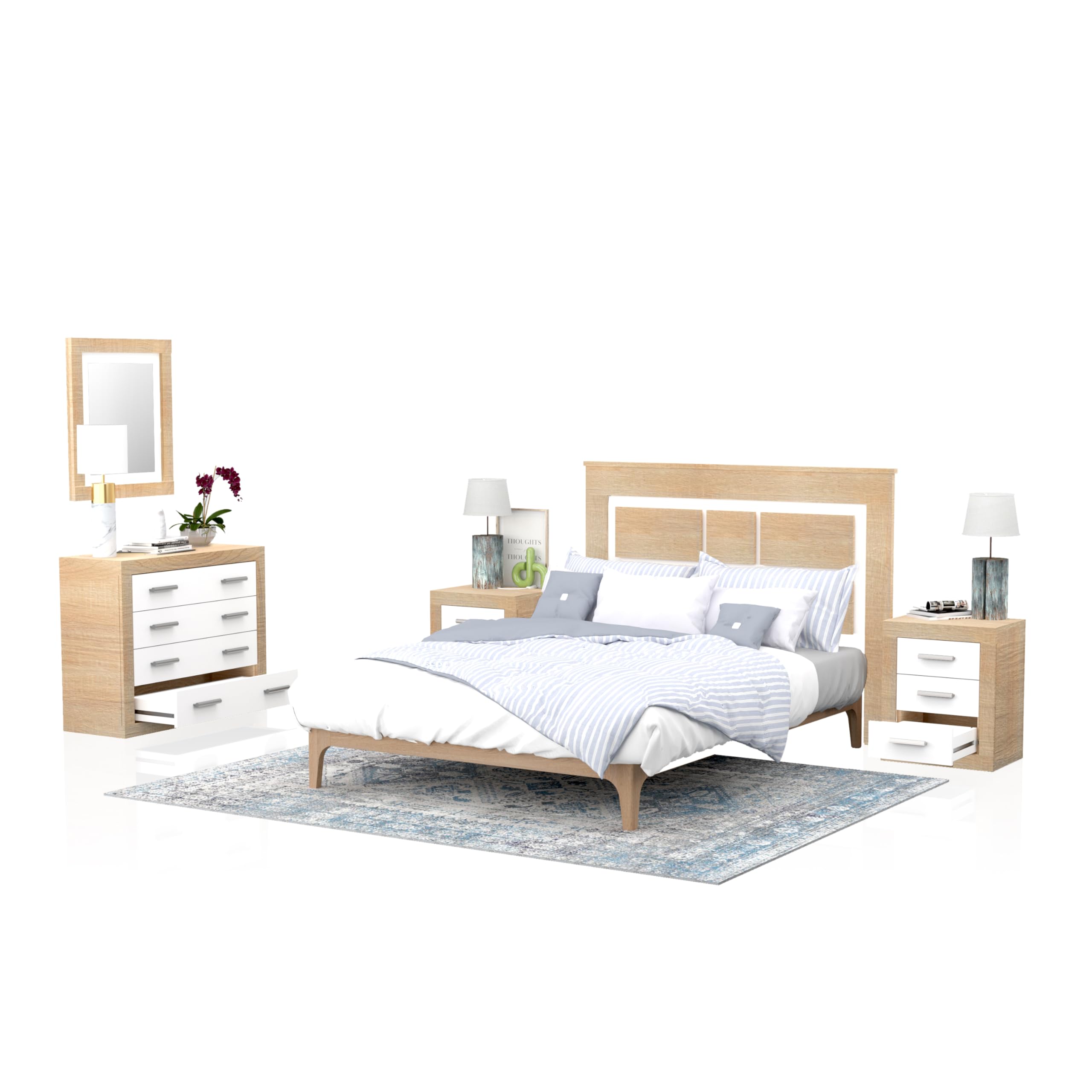 duehome | Conjunto de Dormitorio Kira 4c - Cabecero + 2 Mesitas de Noche + Comoda y Espejo, Acabado en Cambria y Blanco