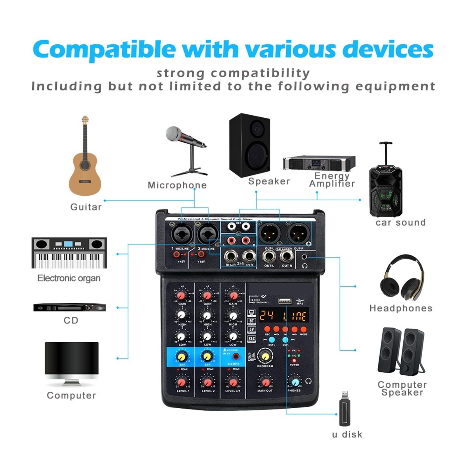 Mixer Audio Console Di Interfaccia Scheda Audio USB A 4 Canali 24 Con Registrazione Con Alimentazione Phantom Bluetooth 48V Su PC(Black)