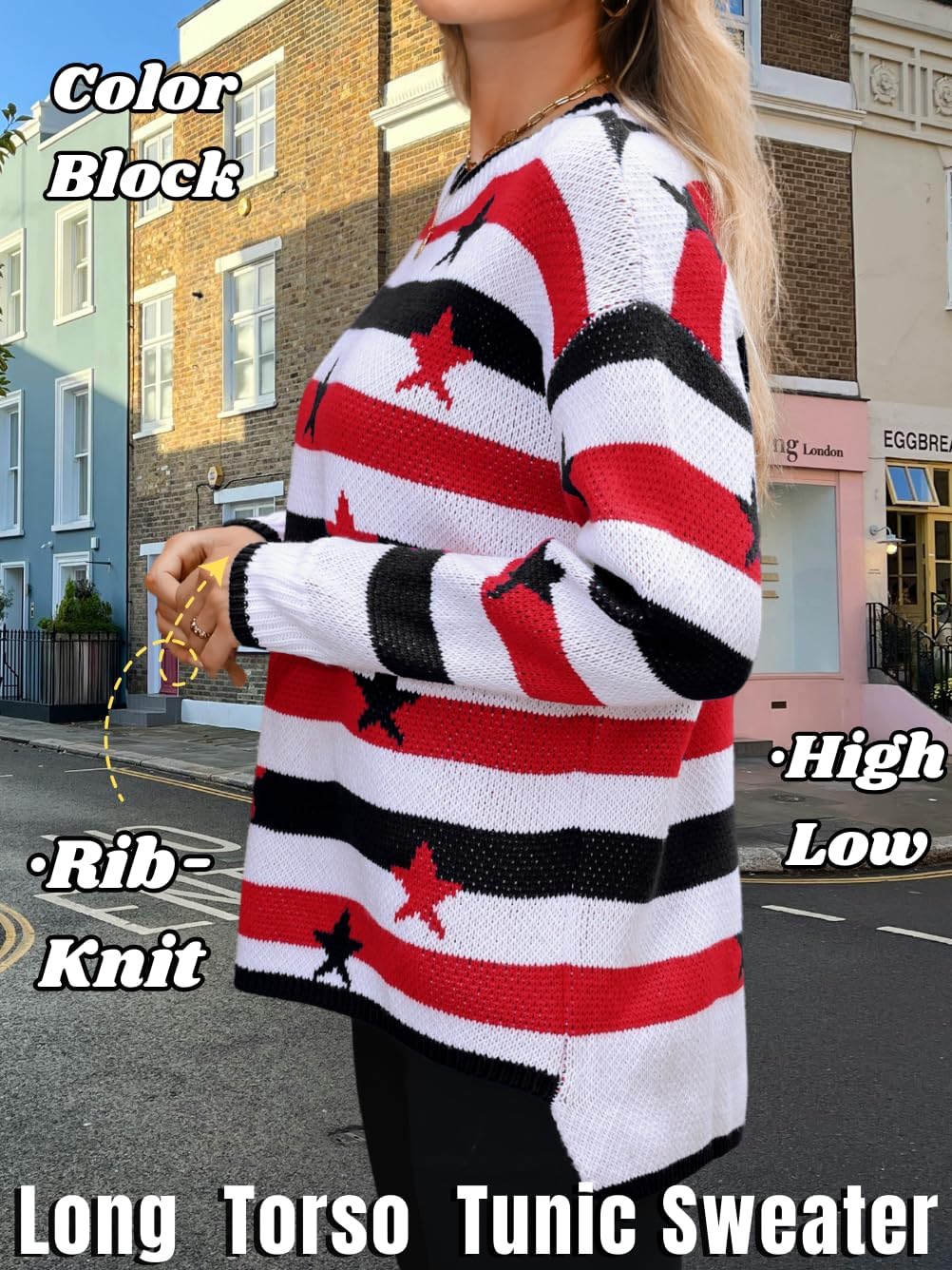 Women Oversized Tunic Knit Sweater, Crewneck Long Sleeve Star Striped High Low Tops, Chunky Fall Winter Casual Outfit - Image 4