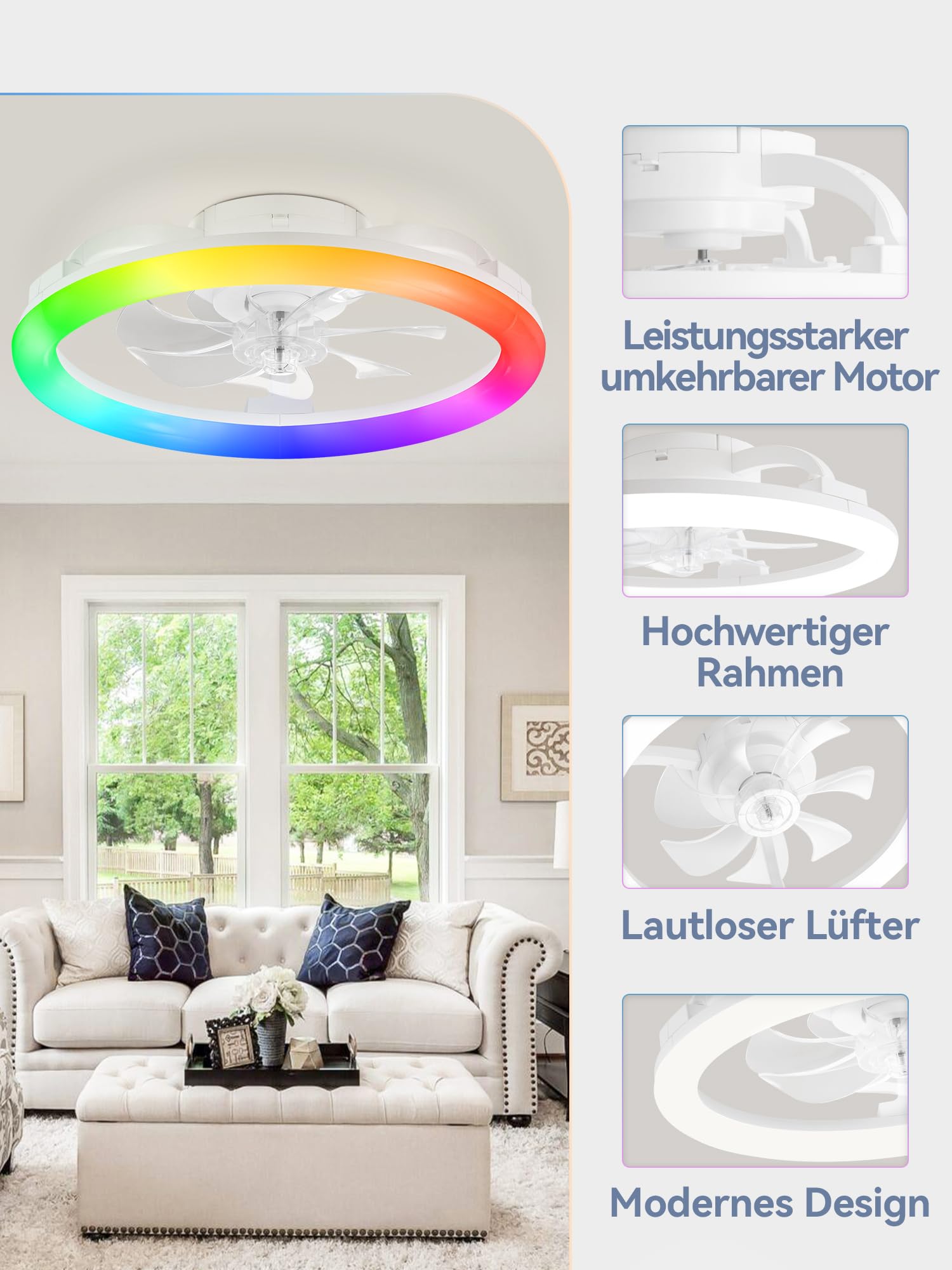 ZMISHIBO Deckenventilator mit Beleuchtung, RGB Deckenventilator mit Licht & Fernbedienung, Moderner dimmbarer Deckenventilator 51cm, 6 Geschwindigkeiten, App-Steuerung, leiser Einbau-Deckenventilator