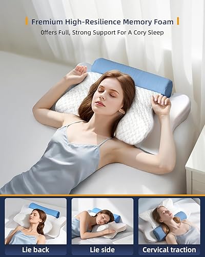 Miniatura 5 de Almohada cervical con rollo de cuello extraíble 2 en 1, almohada ortopédica de espuma viscoelástica para dormir de lado, espalda y estómago, soporte