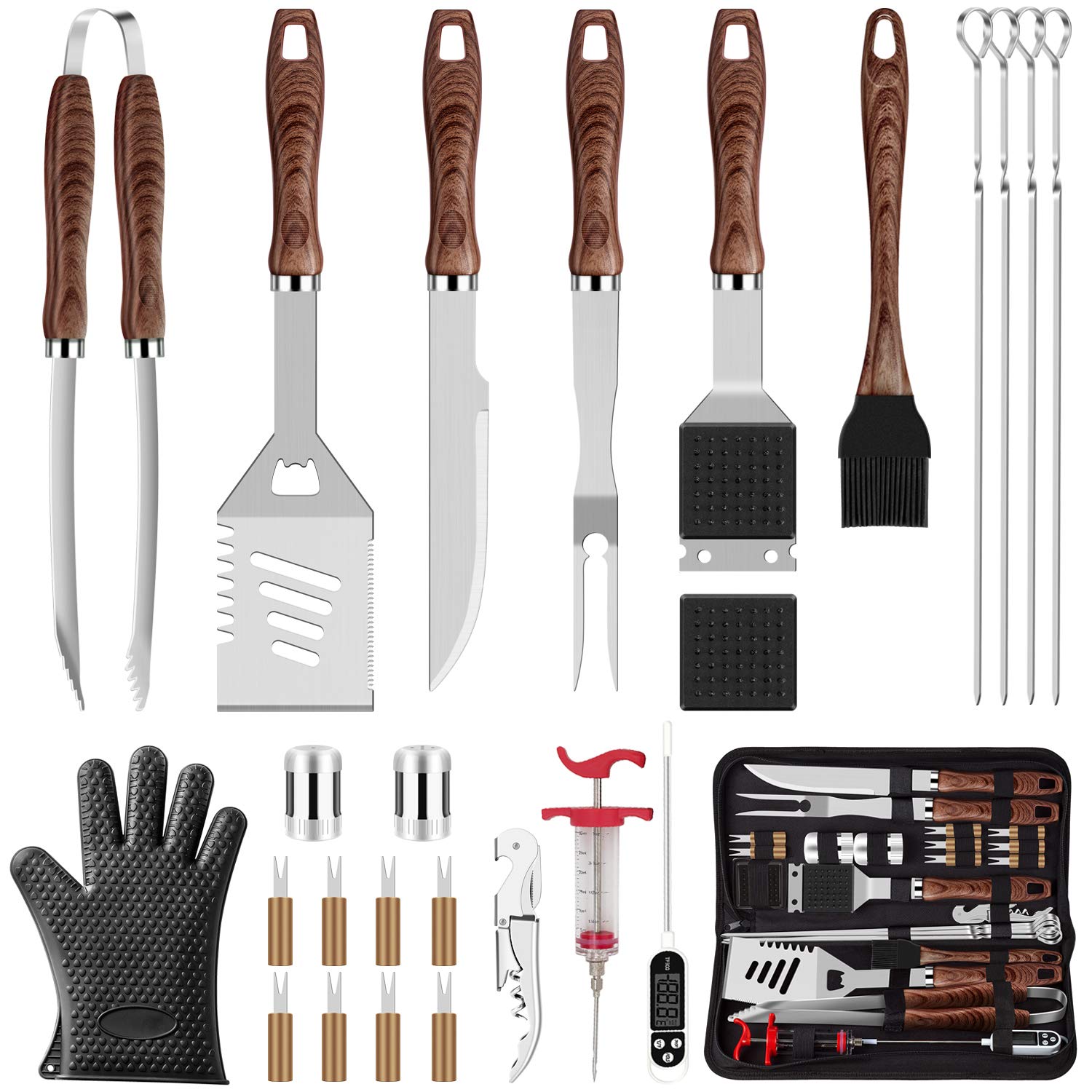 ROMANTICIST 26pcs Grilling Accessories Kit for Men Women, Stainless Steel Heavy Duty BBQ Tools with Glove and Corkscrew, Grill Utensils Set in Portable Canvas Bag for Outdoor,Camping,Backyard,Brown