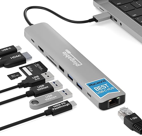 Plugable Adaptador multipuerto USB C Hub: 9 en 1 con carga PD de 140 W, HDMI 4K 60Hz, transferencia de datos de 10 Gbps, Gigabit Ethernet, SD, para