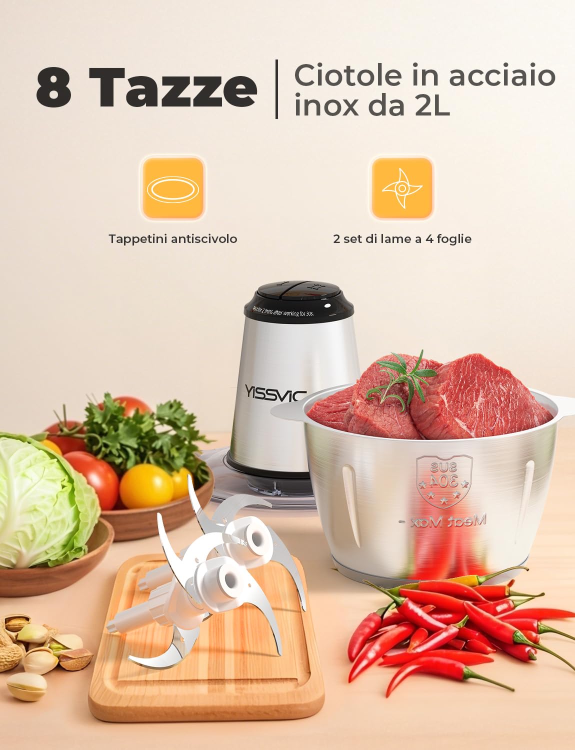 YISSVIC Tritatutto da Cucina Elettrico 2L, 500W, 2 Velocità, 2×4 Lame, Ciotola in Acciaio Inox, Anello Antiscivolo, Lavabile in Lavastoviglie, per Frutta Verdura Carne Spezie
