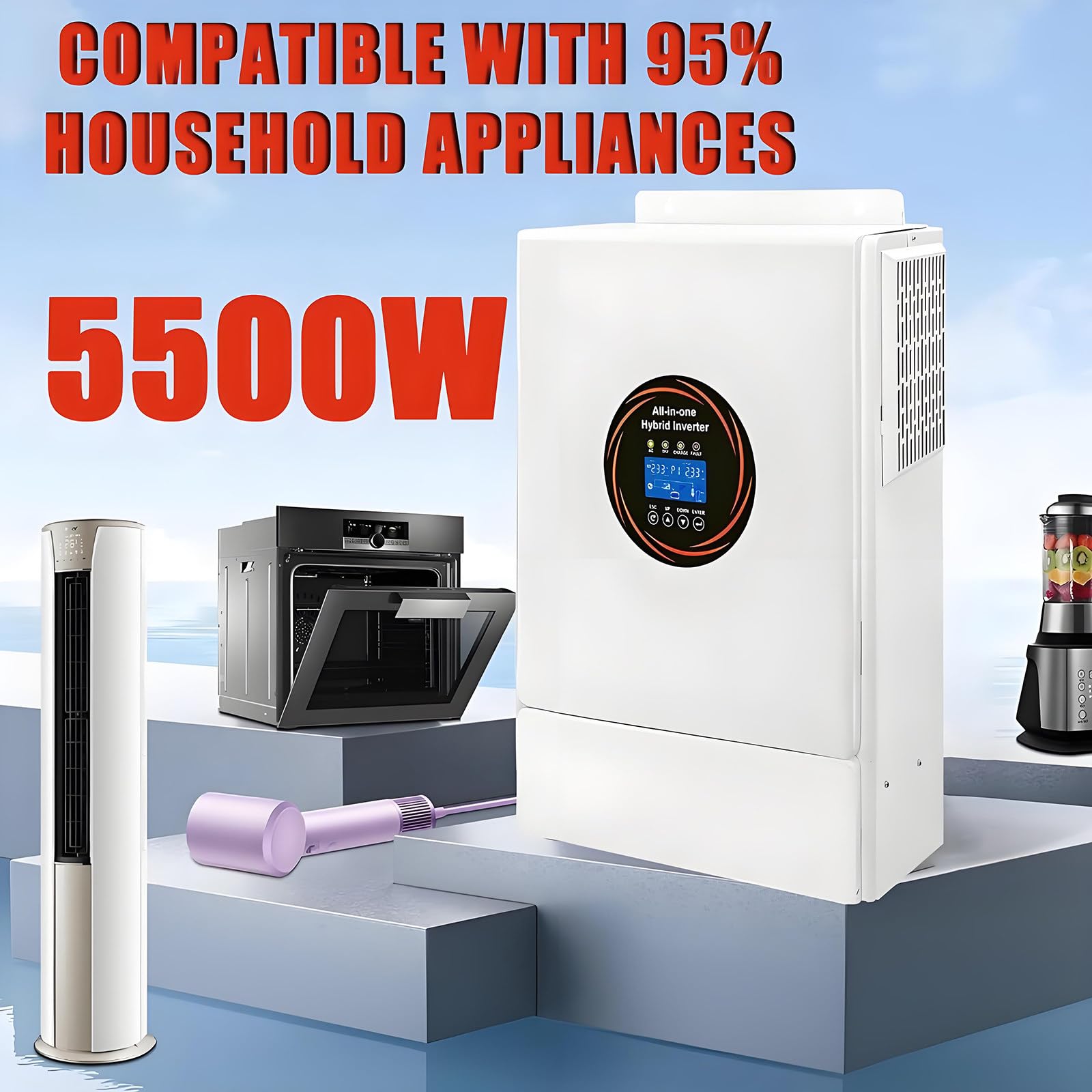 Hybrydowy falownik solarny 5500 W, 48 V DC do 220 V AC, czysty sinusoida, wbudowany regulator ładowania MPPT 120 A, kompatybilny z akumulatorami kwasowo-ołowiowymi i litowymi 48 V