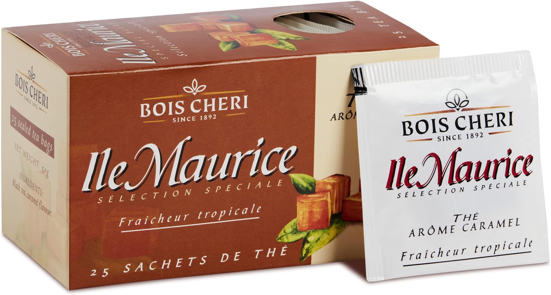 25 Count Bois Cheri Mauritian Black Caramel Tea Bags - Premium Organic Tea Bags from Mauritius - Individually Wrapped, Gluten-Free, and Non-GMO