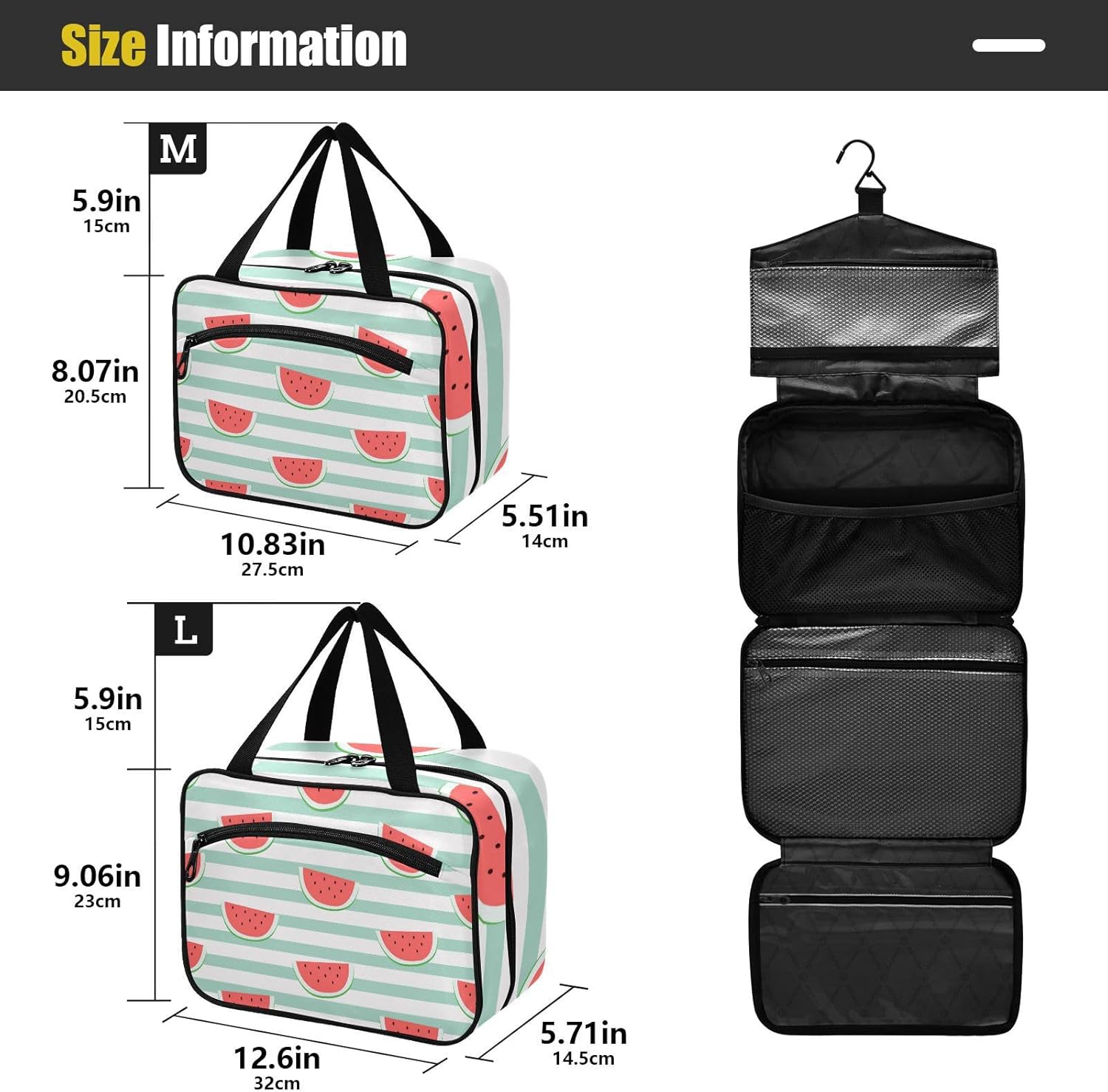 senya Toiletry Bag Travel Bag with Hanging Hook Cute Red Watermelon Slice Makeup Cosmetic Bag Travel Organizer Water-resistant for Toiletries Accessories Shampoo Full Sized Container,L