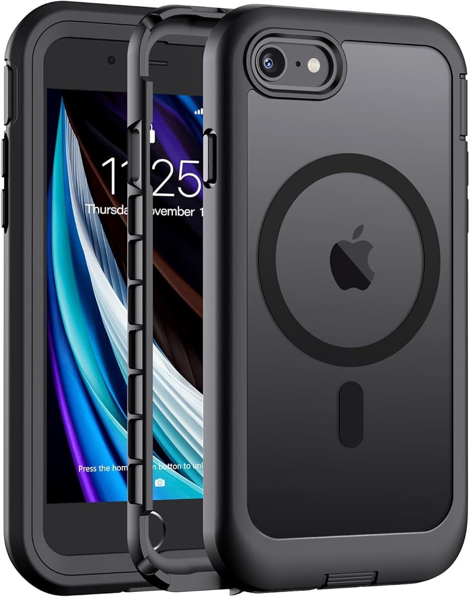 for iPhone SE Case 2022/2020/3rd/2rd,iPhone 8/7 Case, [Compatible with MagSafe][Military Grade Drop Protection][Heavy Duty Protection][Non-Slip] 2-Layer Durable Bumper Phone Case 4.7''-Black