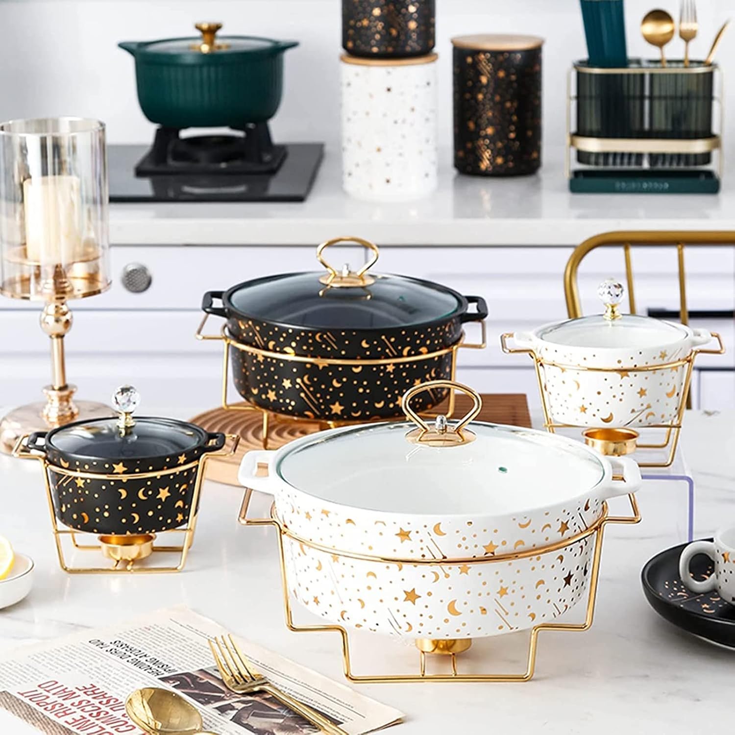 Round Chafing Dish Buffet Set Ceramics Food Warmer Chafer W/Glass Lid, Chafers and Buffet Warmer Set for Weddings Parties Banquets Events,Green-L (Green Large)