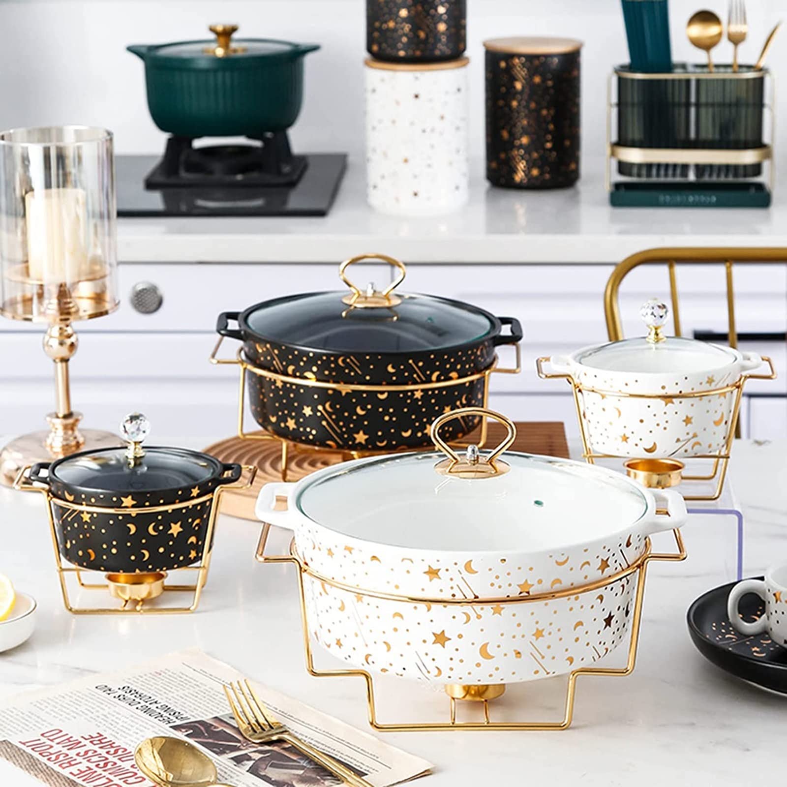 Zestaw do podgrzewania potraw w okrągłym naczyniu do podgrzewania potraw w formie bufetu, ceramiczny podgrzewacz do potraw w szklanej pokrywce, podgrzewacze i zestaw do podgr(Zielony-L