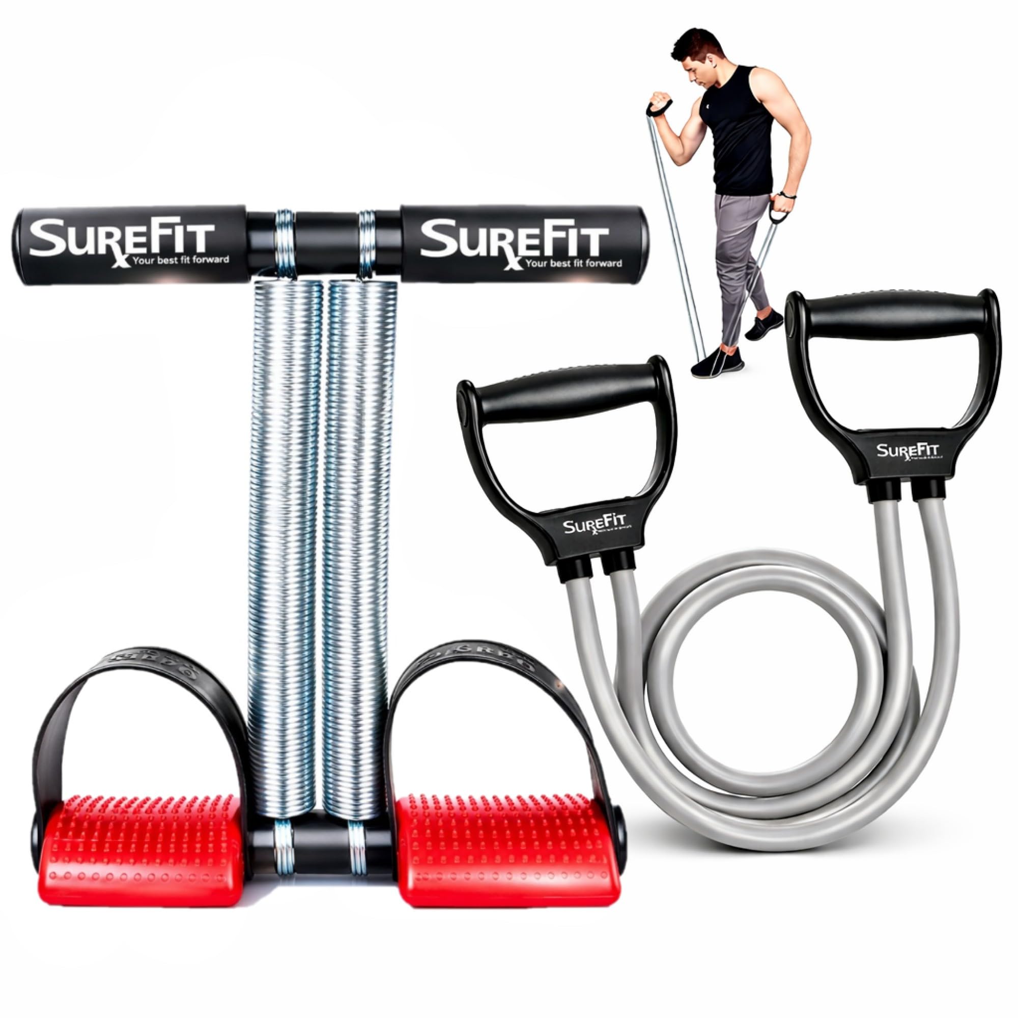 SUREFIT Double Spring Tummy Trimmer for Men & Women – Ab Exerciser with Foam Handle & Resistance Band – Full Body Fitness Combo Tool Kit for Abs, Legs, Arms, Chest & Home Gym Workout (Red)-image-34