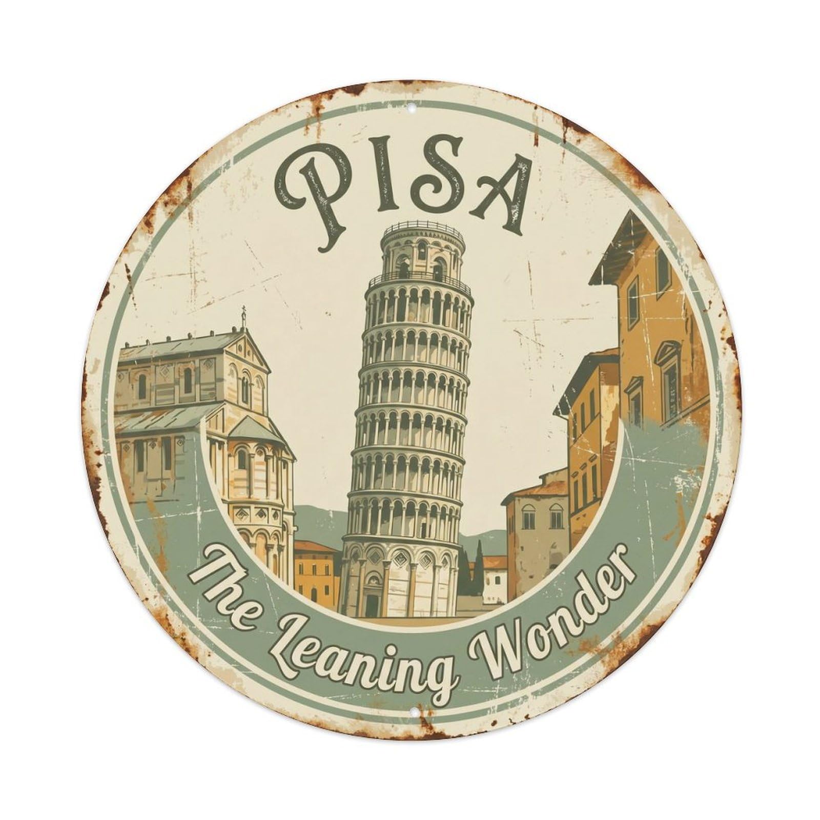Vintage Travel Leaning Tower Pisa Metal Tin Sign Plaque Wall Decor for Cafe, Club, Garden Round Metal Poster 8x8Inch