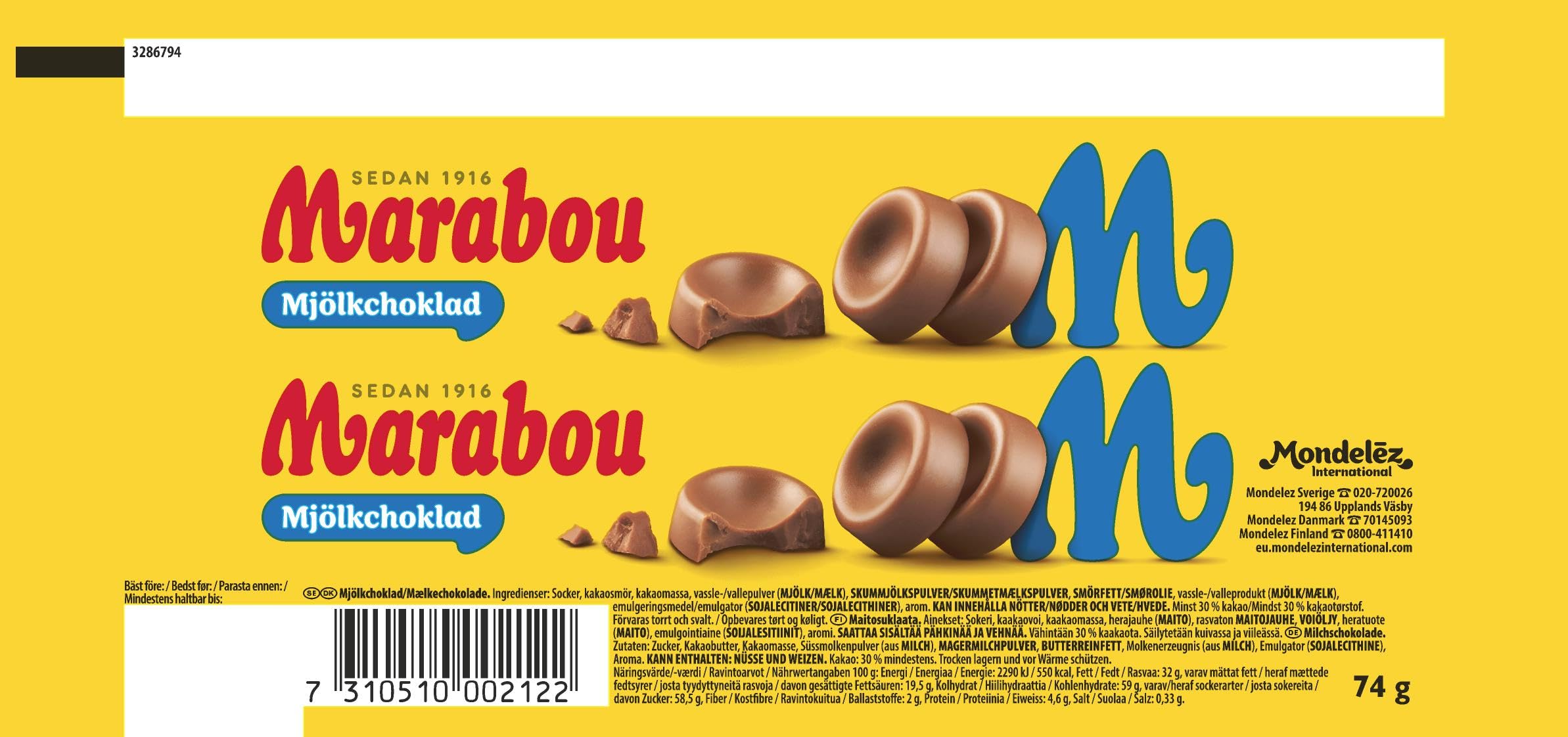 Marabou mjölk choklad Schokoladenrolle 28 x 74 g – zartschmelzende Milchschokolade aus Schweden – schwedische Süßigkeit in der handlichen Rolle – Vollmilch