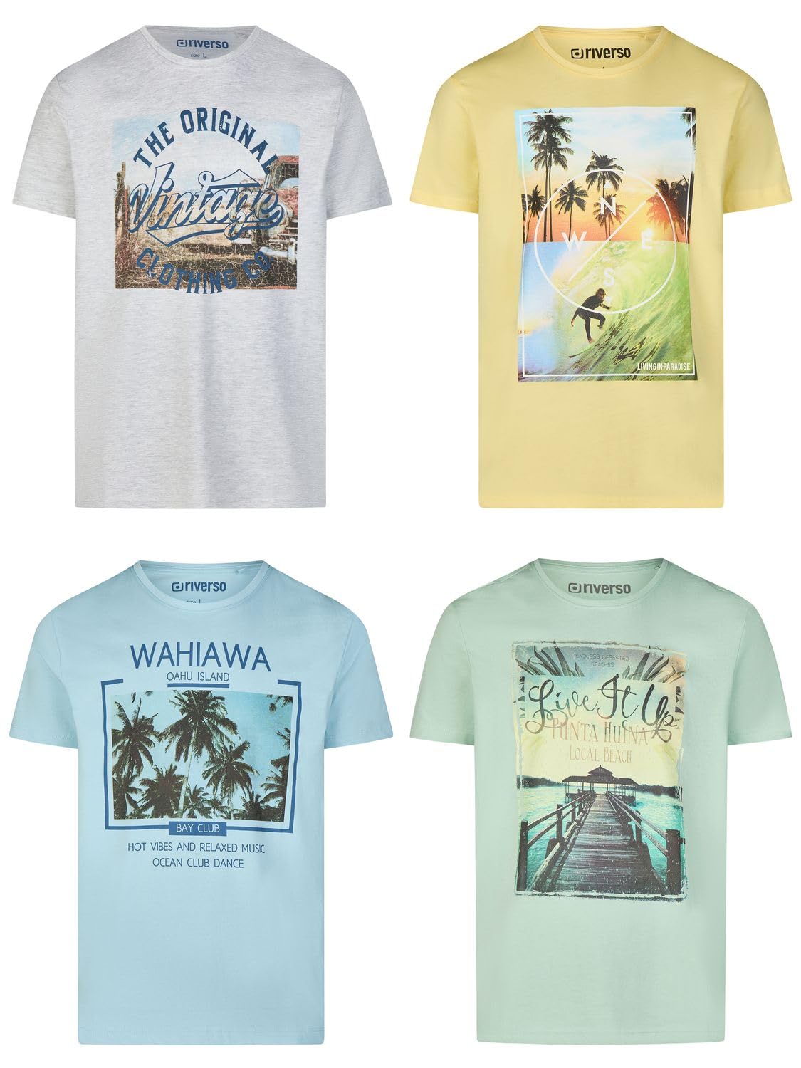riverso RIVLukas T-Shirt męski, 4-pak, nadruk fotograficzny, okrągły dekolt, krótki rękaw, regularna bawełna, niebieski, zielony, biały, szary, żółty, turkusowy, S, M, L, XL, XXL, 3XL, 4XL, 5XL