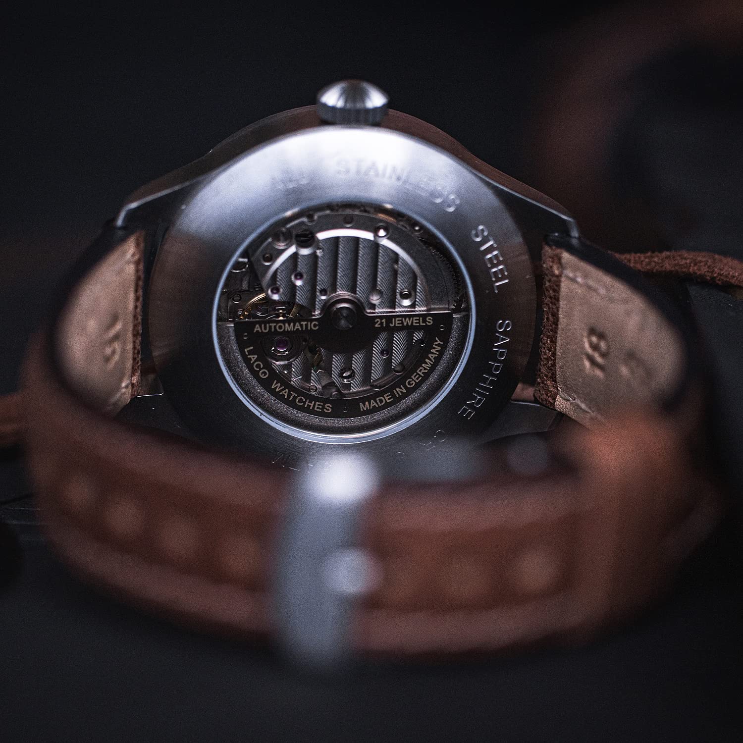 Laco Marineuhr Valencia, Damen- u. Herren Armbanduhr, braunes Lederband, Saphirglas, Ø 39 mm, Miyota 821 A/8217 Automatik, inkl. Etui - 862090
