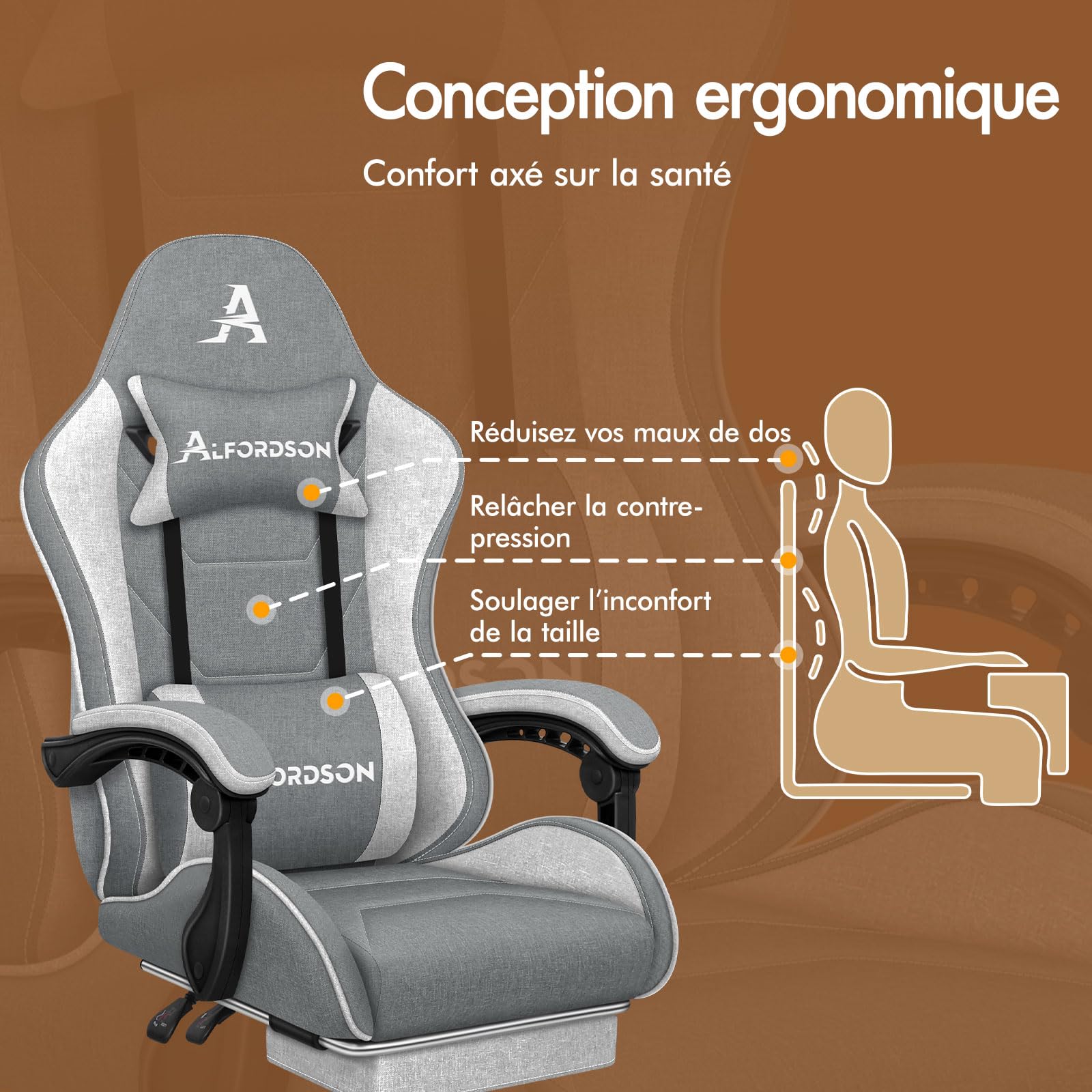 ALFORDSON Chaise de Bureau, Fauteuil de Jeu, massante, Ergonomique avec Repose-Pieds, Coussin Lombaire massant, rembourrée, pivotante en Tissu Lin,Gris Clair