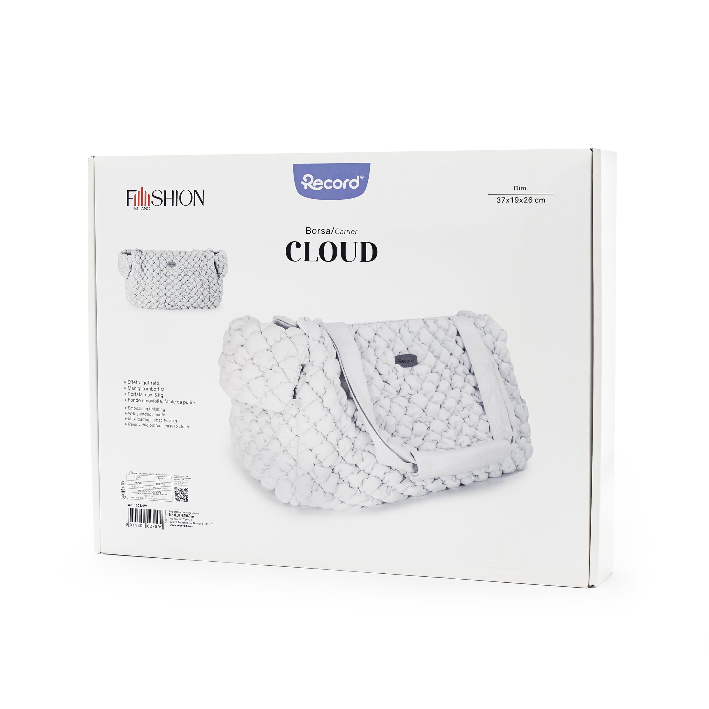 Record - Borsa per Cani e Gatti Cloud con effetto goffrato. Traportino per Cani con Maniglia imbottita per comfort e fondo rimovibile | Bianco, 37 x 19 x 26 cm