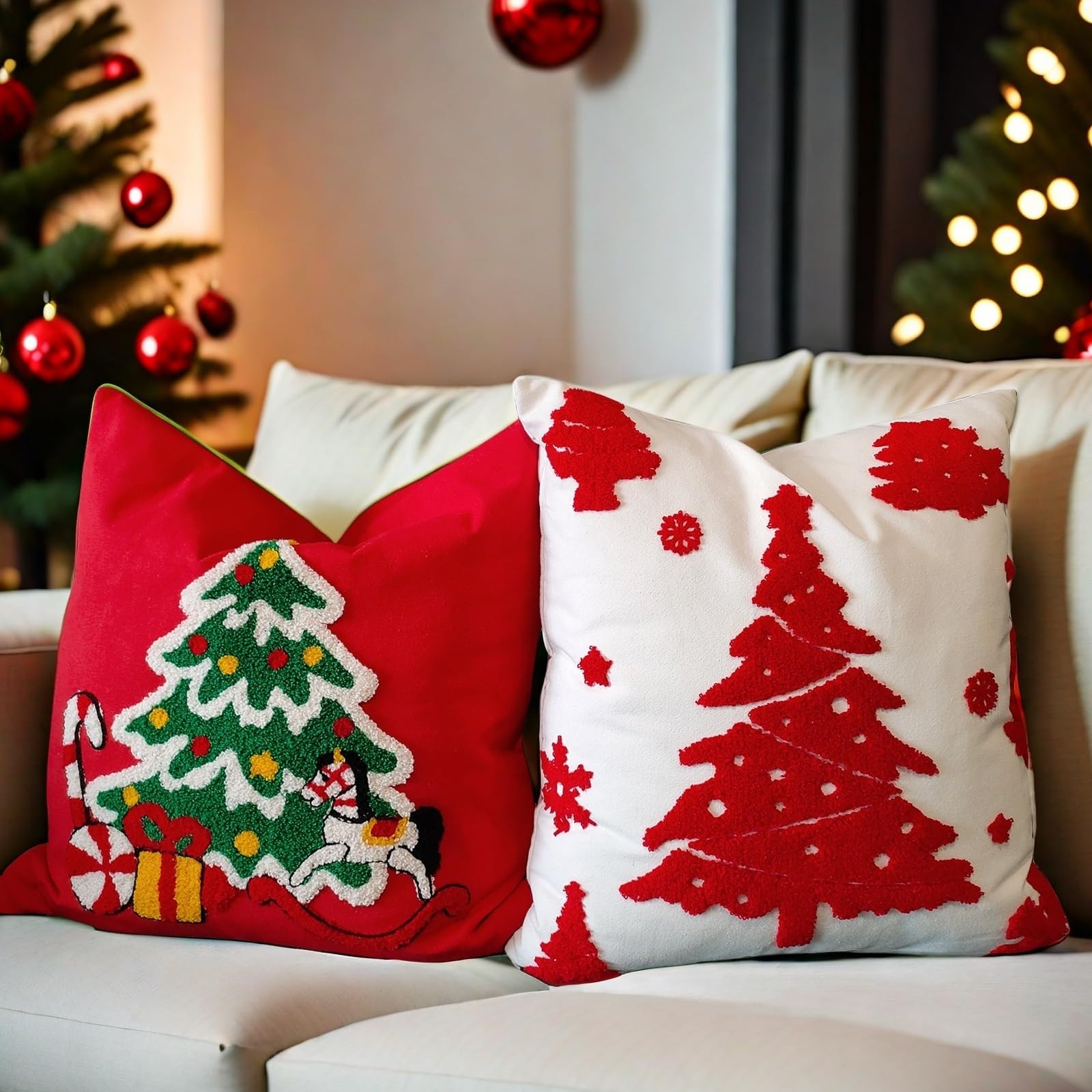 Set di 2 federe per cuscini ricamate con alberi di Natale, per divano, 45 x 45 cm, decorazione natalizia per la casa (rosso)