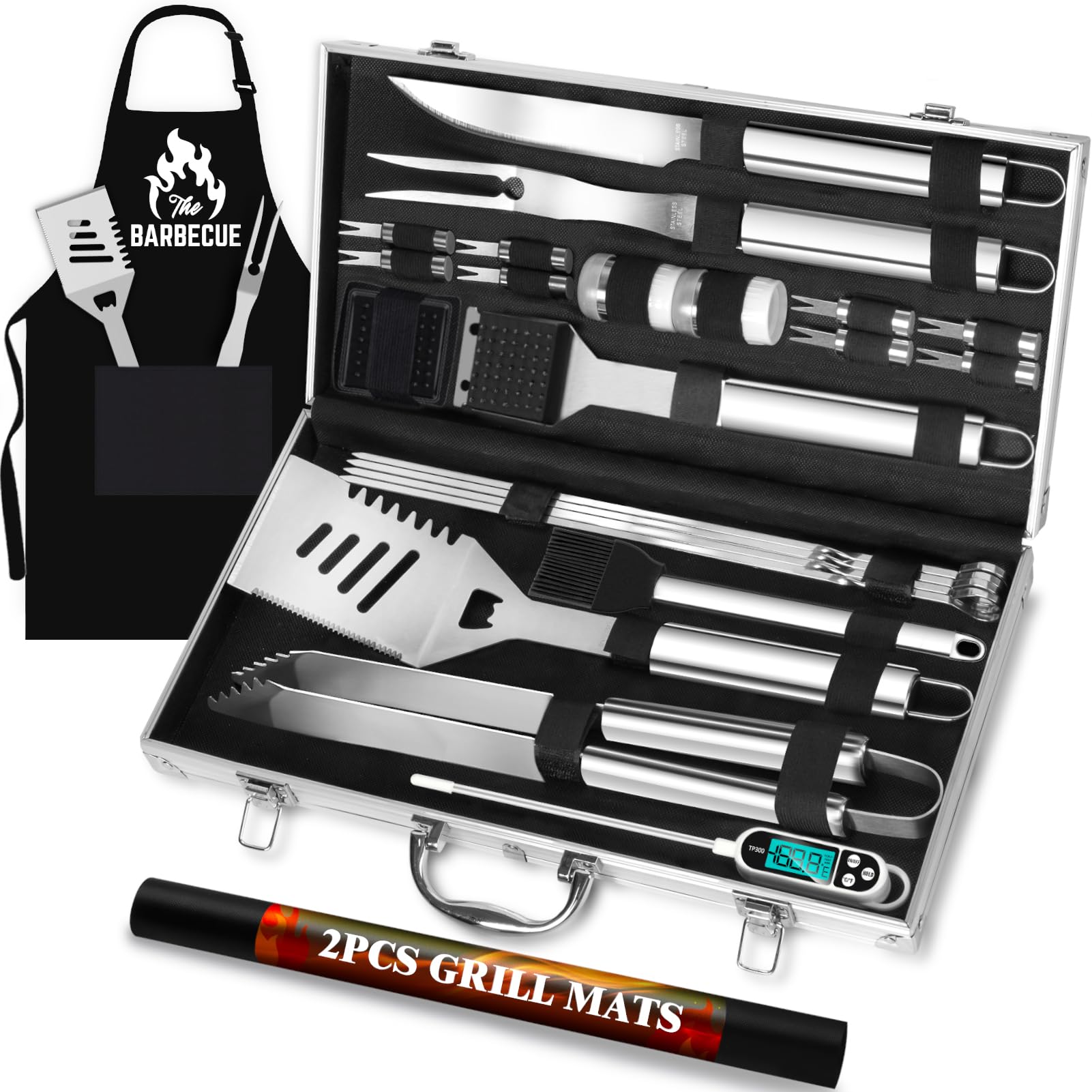 ROMANTICIST 31pcs Stainless Steel Grill Tool Set, Heavy Duty BBQ Grilling Accessories for Men Women, Non-Slip Grill Utensils Kit with Thermometer Mats in Aluminum Case for Outdoor, Camping, Travelling