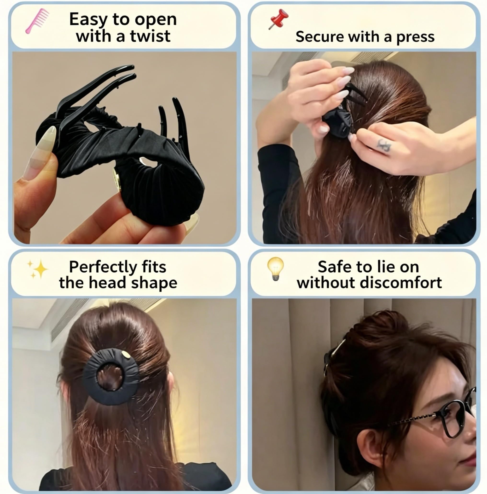Horquillas planas para el pelo de presión cero 3 piezas para mujer con nuevo diseño, fuerte Hal para cabello fino y grueso, diseño ergonómico para tumbonas y conducción, negro, marrón, beige