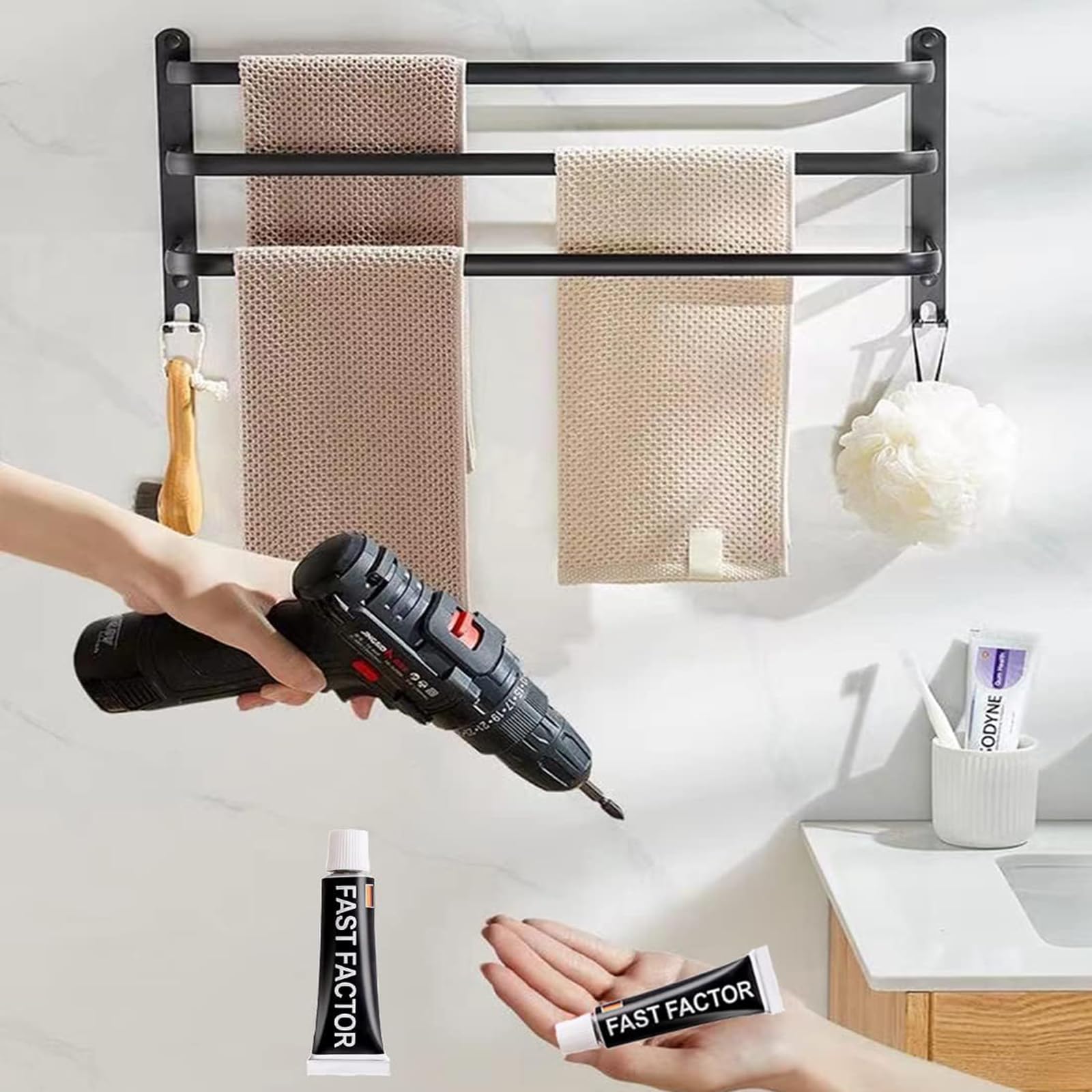 LYGXWJFC Toallero Toallero Negro Mate, toallero de Ducha de Aluminio Grueso Que Ahorra Espacio, toallero montado en la Pared del baño con Ganchos, con o sin perforación, para baño