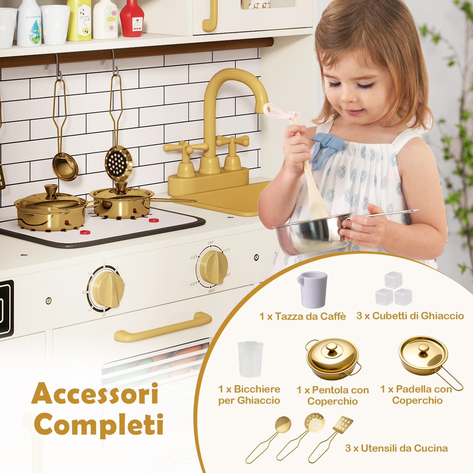 COSTWAY Cucina Giocattolo per Bambini, Set Cucina Gioco in Legno con Macchina per Ghiaccio, Caffettiera, Lavastoviglie e Accessori, Luci e Suoni, Regalo di Ruolo per Bambini 3+ Anni