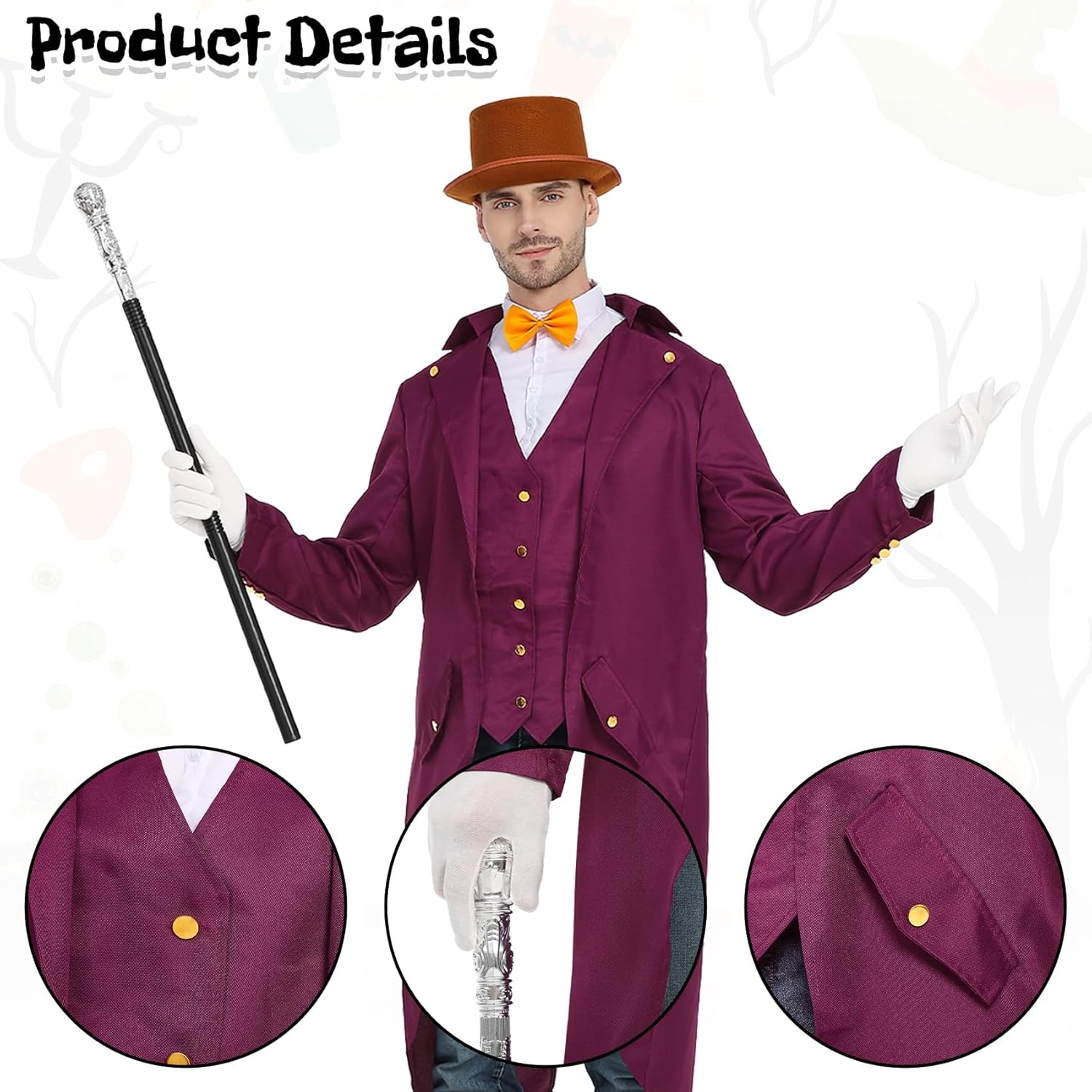 Purple Tailcoat Set with Top Hat Tie Glasses, Gloves for Halloween Party Costume