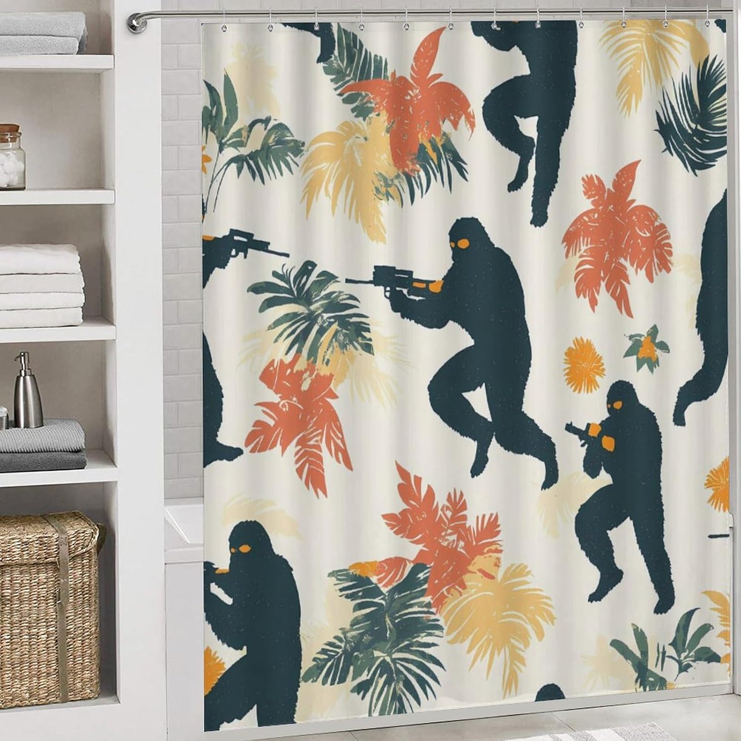 Bigfoot Shooting Hawaii Tropical Plants Bathroom Sets with Shower Curtain and Rugs 4 Piece with U-Shaped Floor Mat Toilet Lid Cover
