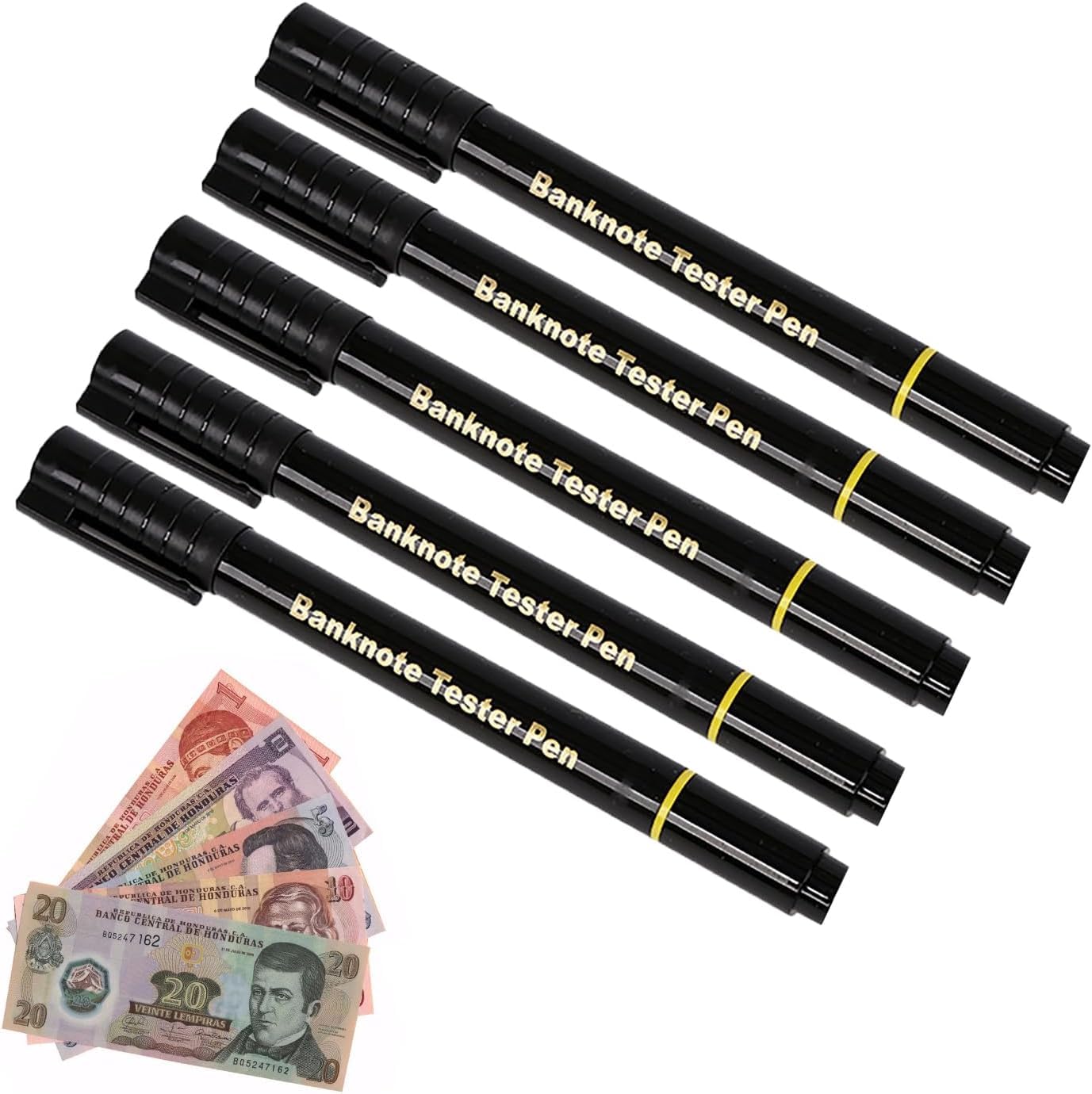 Pack 5 Unidades Detector de Billetes - Rotulador para Euros, Dólares y Libras - Tinta Duradera Negro