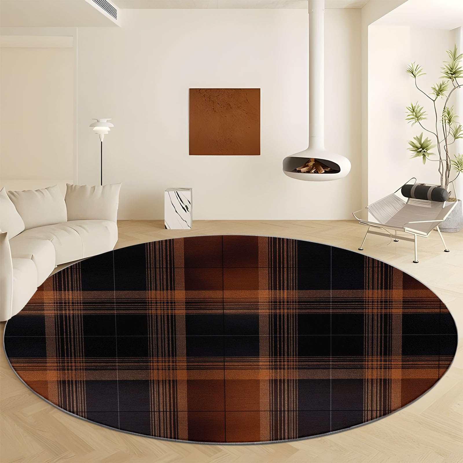 Waschbare Runde Teppiche 100 cm, Schwarz Braun Streifen Karos Rutschfester Runder Teppich für Wohnzimmer - Vintage Stil Weicher Niedrigfloriger Teppich für Unter den Esstisch Kinderzimmer