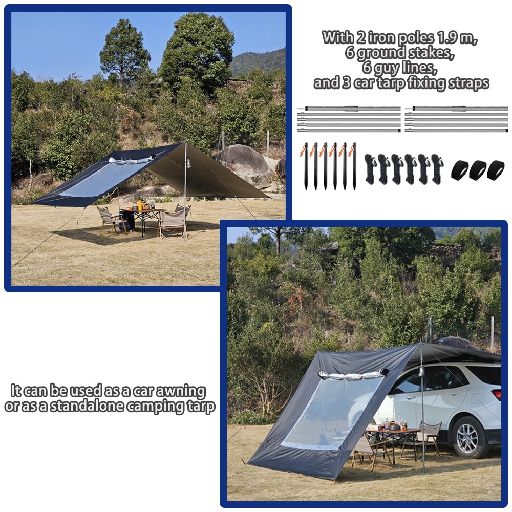 2.9x4.8m Universel Auvent de Voiture Fourgon Léger Facile à Monter Auvent Tarp Résistant à l'eau et au Soleil Store Camping Car (Noir, 3x5m)