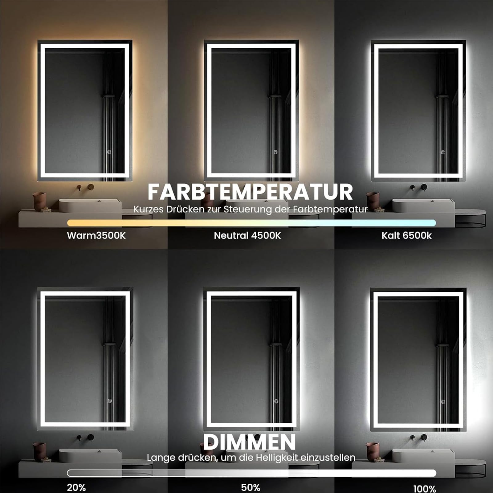 Trintion LED Badspiegel mit Beleuchtung Badezimmer Wandspiegel Badezimmerspiegel Anti-Beschlag mit Touch-Schalter Energiesparend Lichtspiegel (70x50cm Mit Touch-Schalter)