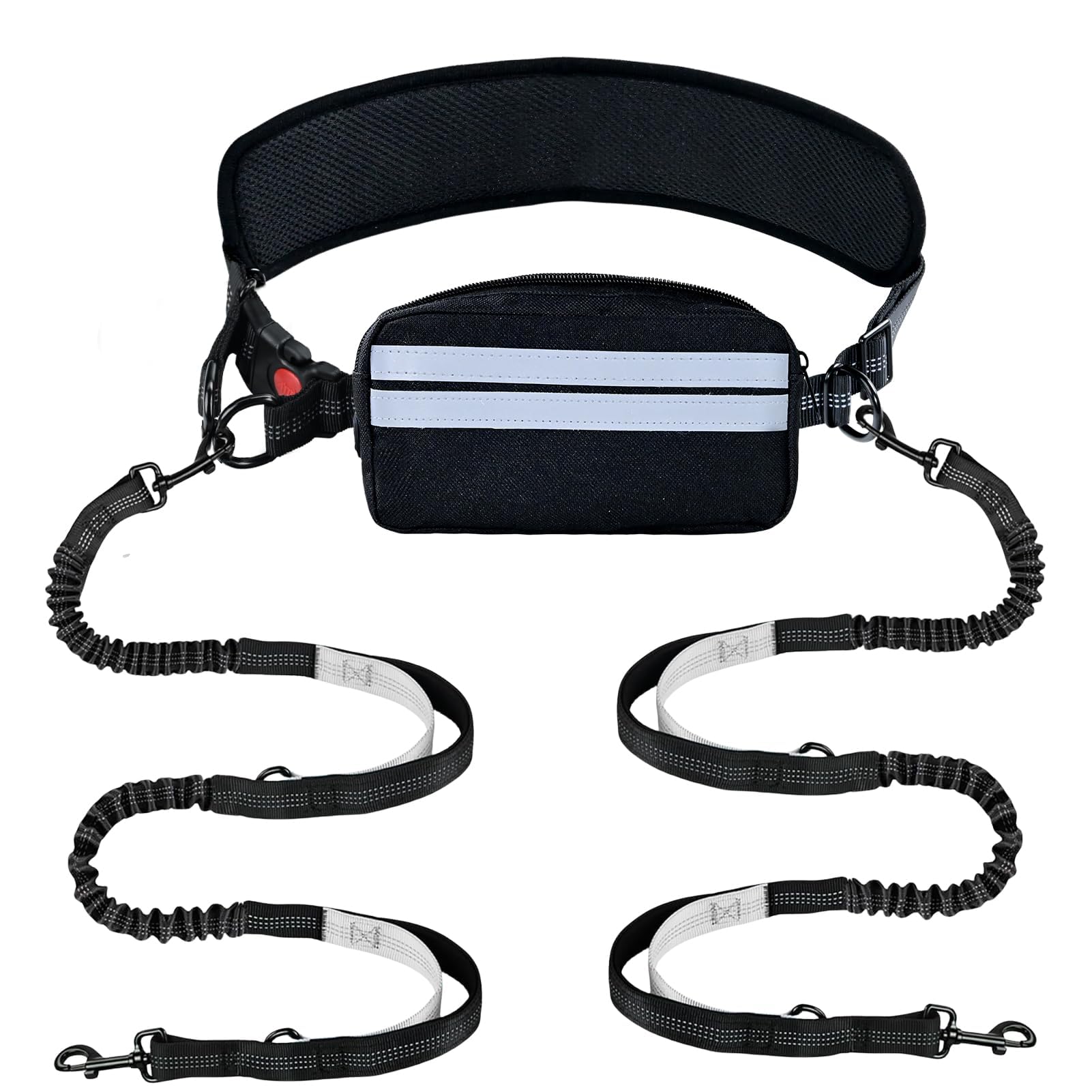 Hands Free Double Dog Leash No Tangle, Waist Leash for Dog Walking, Retractable Dog Leashes for Medium and Large Breeds-Pouch & Lumbar Support, Adjustable Waist Belt, Retractable Bungee,Padded Handles