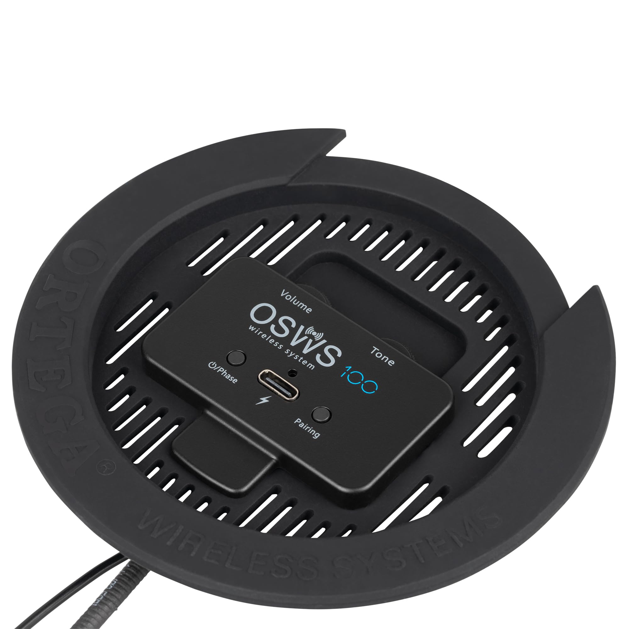 Système de Pickup Sans Fil Ortega pour Guitares Acoustiques - 100 mm - Rechargeable Noir
