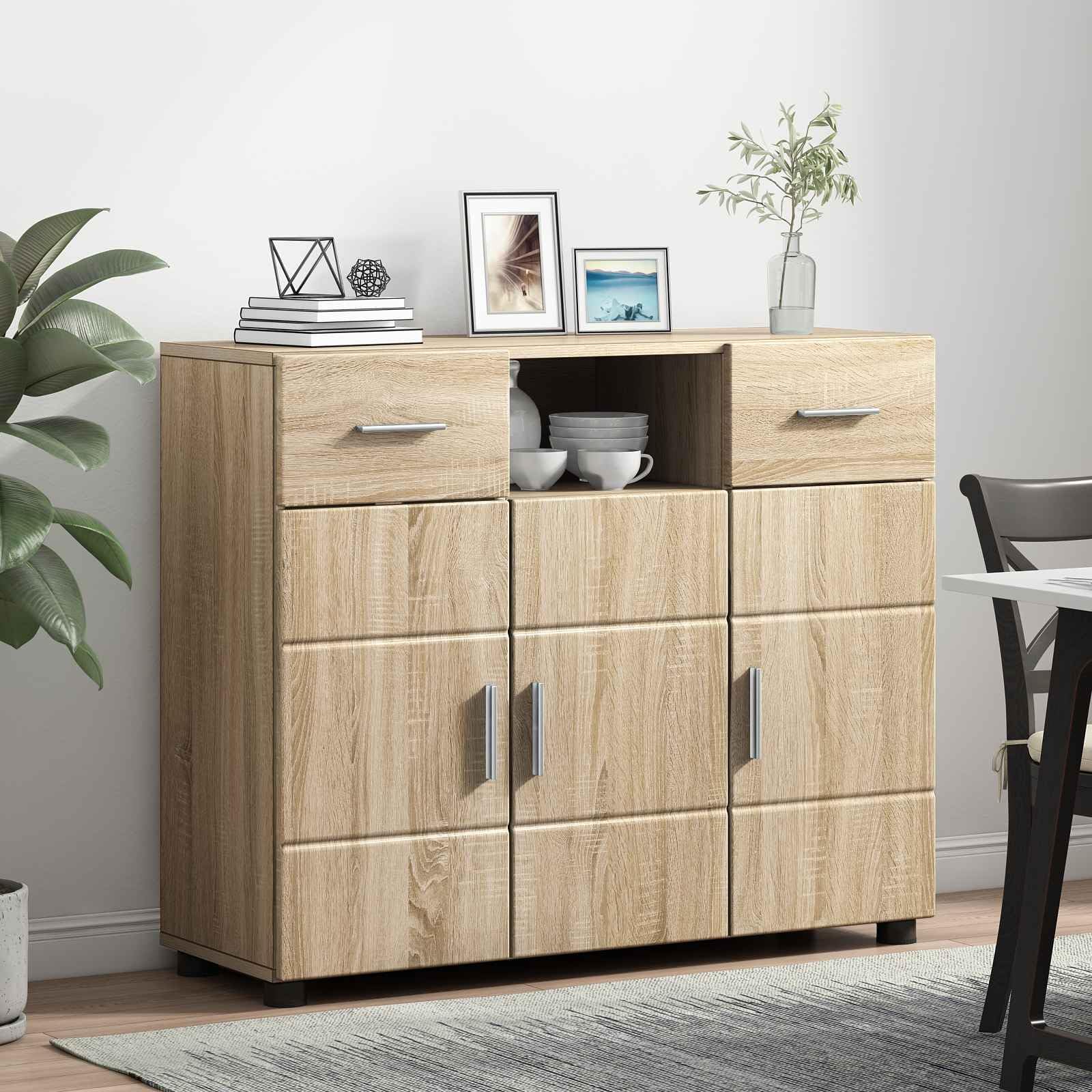 Armadio in legno di quercia Sonoma con 3 ante, 2 cassetti e 3 ripiani, opaco, versatile per soggiorno, ufficio e sala familiare, durevole e facile da pulire