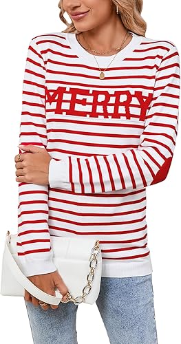 shermie Womens Striped Sweaters Casual Elbow Patch Cute Heart Pullover Merry Chr
