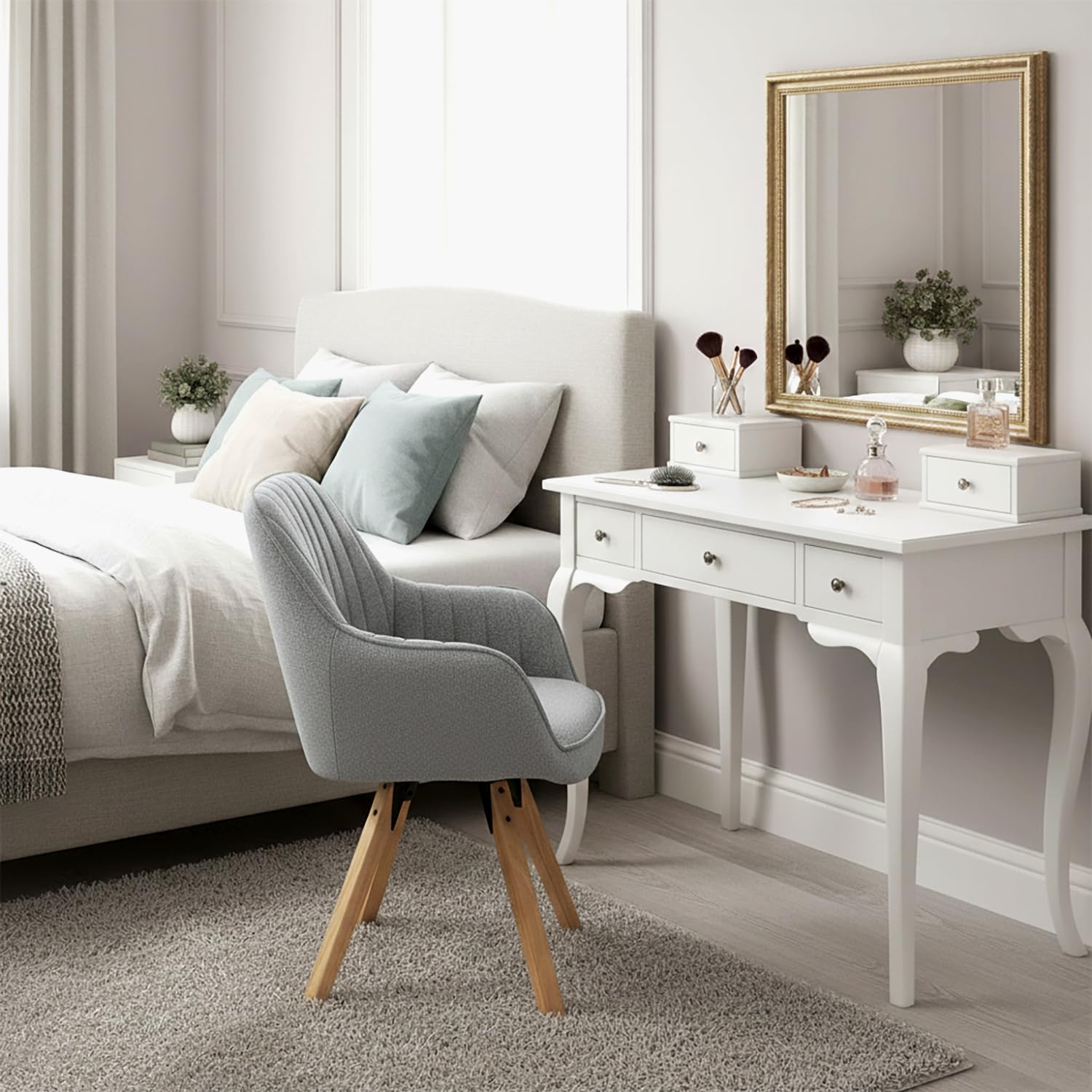 Silla de maquillaje 360 giratoria con reposabrazos y patas madera