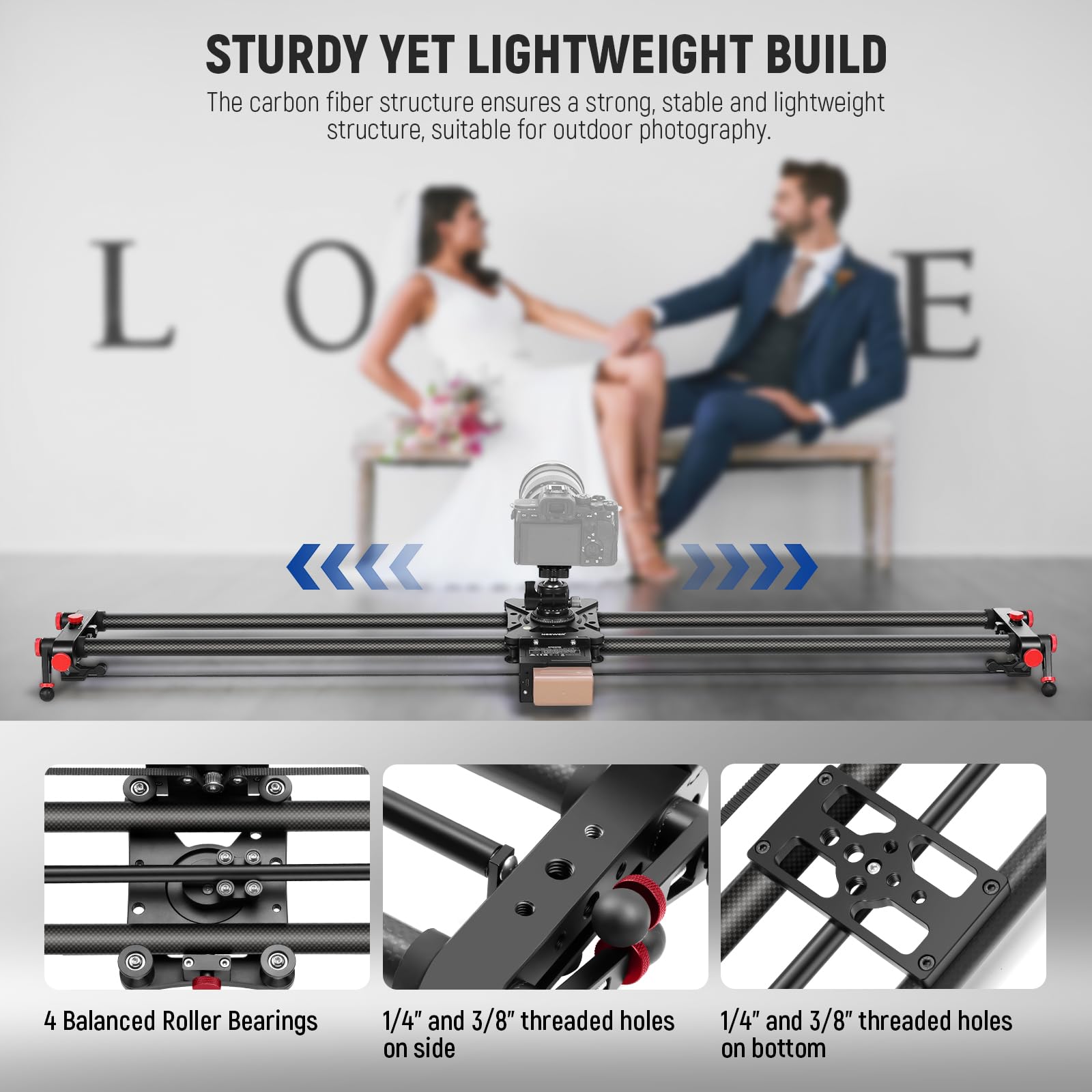 NEEWER 120cm motorisierter Kamera Slider, Drahtlose App Steuerung, Kohlefaser DSLR Dolly Slider mit 4400mAh F750 Akku (Ladegerät Nicht inklusive), unterstützt Video Modus, Zeitraffer Fotografie, ER1