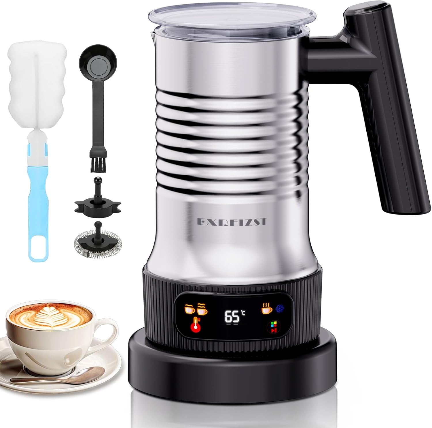Milk Frother and Steamer, 4 in 1 Milk Frother Electric with LED Temp Display, Warm and Cold Automatic Foam Maker Stainless Steel with Touch Screen for Coffee, Latte, Cappuccino, Hot Chocolate